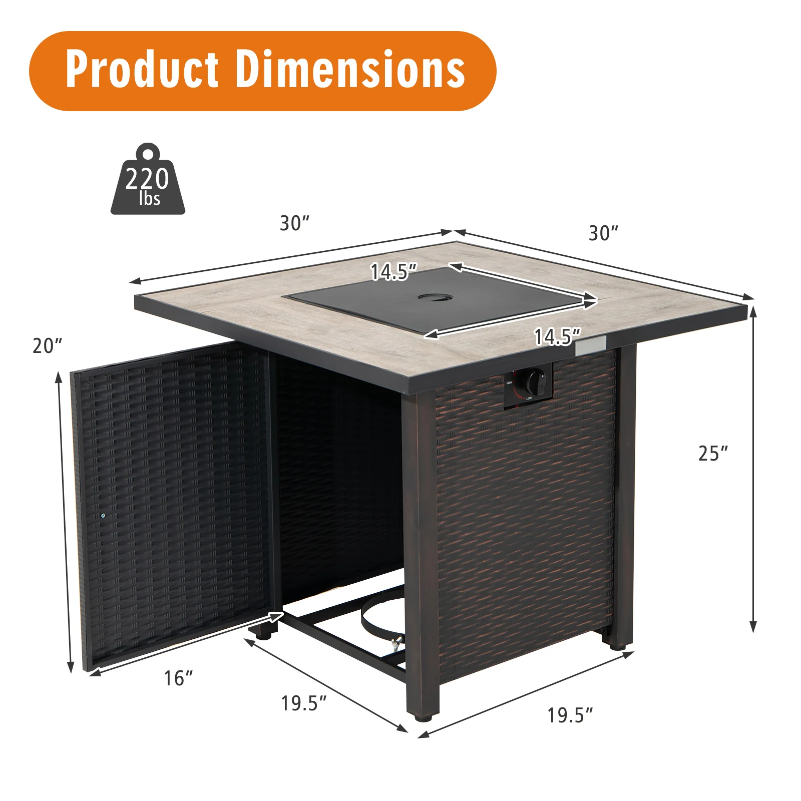 30 Inch Square Propane Gas Fire Pit Table, Ceramic Tabletop, Gray - Image 5