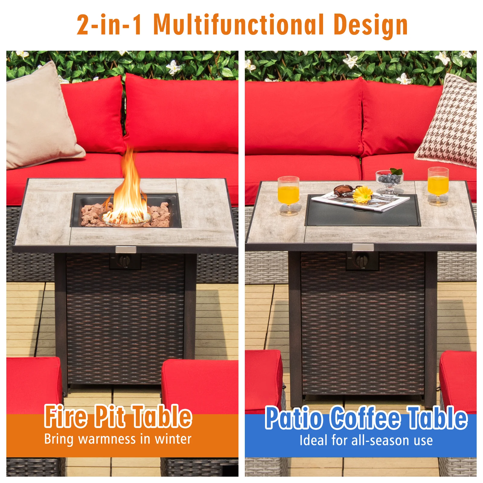 30 Inch Square Propane Gas Fire Pit Table, Ceramic Tabletop, Gray - Image 6