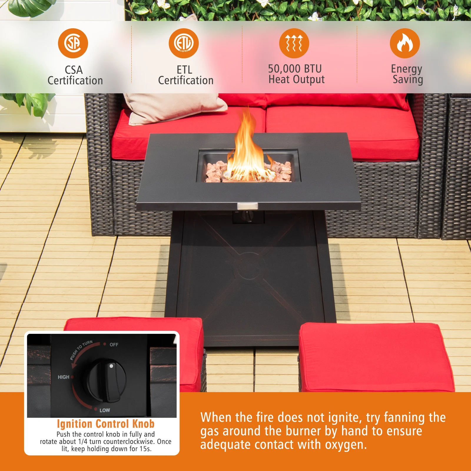 30 Inch Square Propane Gas Fire Table, Waterproof Cover, Black - Image 3