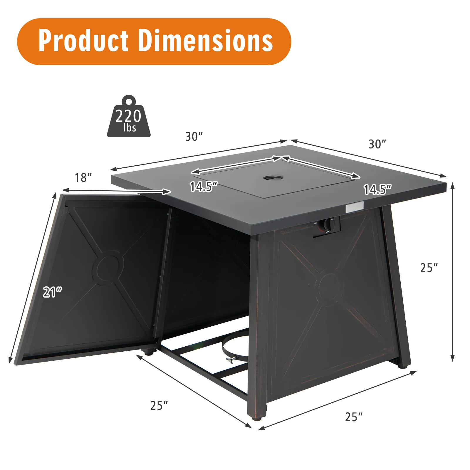 30 Inch Square Propane Gas Fire Table, Waterproof Cover, Black - Image 6