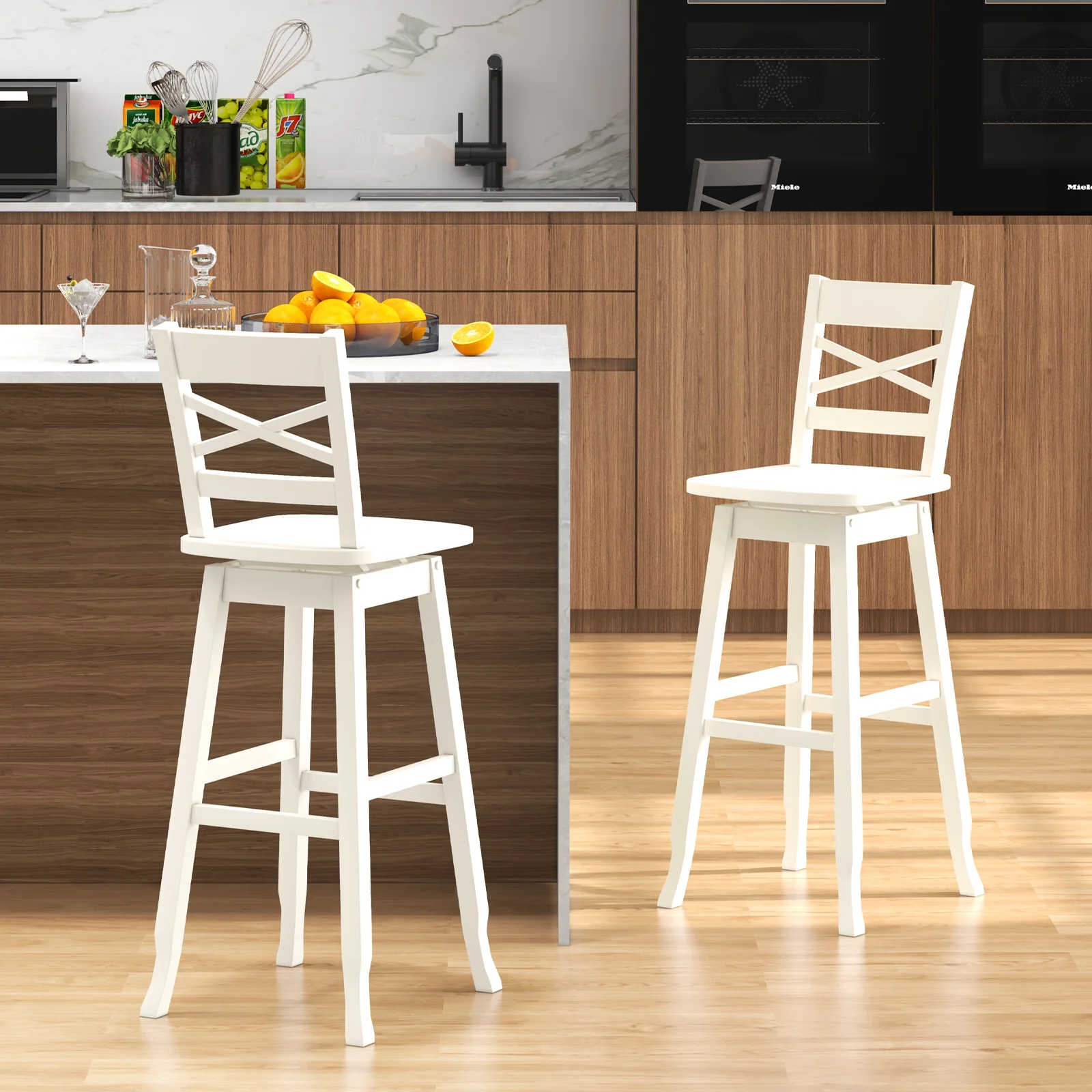 30-Inch Swivel Bar Stool Set, With Footrest, Cream White - Image 3