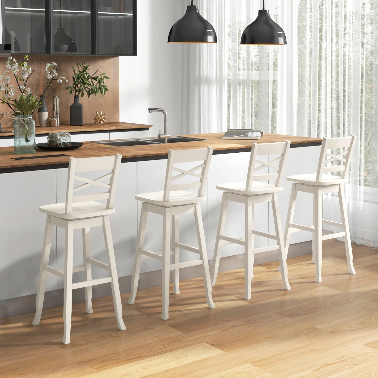 30-Inch Swivel Bar Stool Set, With Footrest, Cream White - Image 8