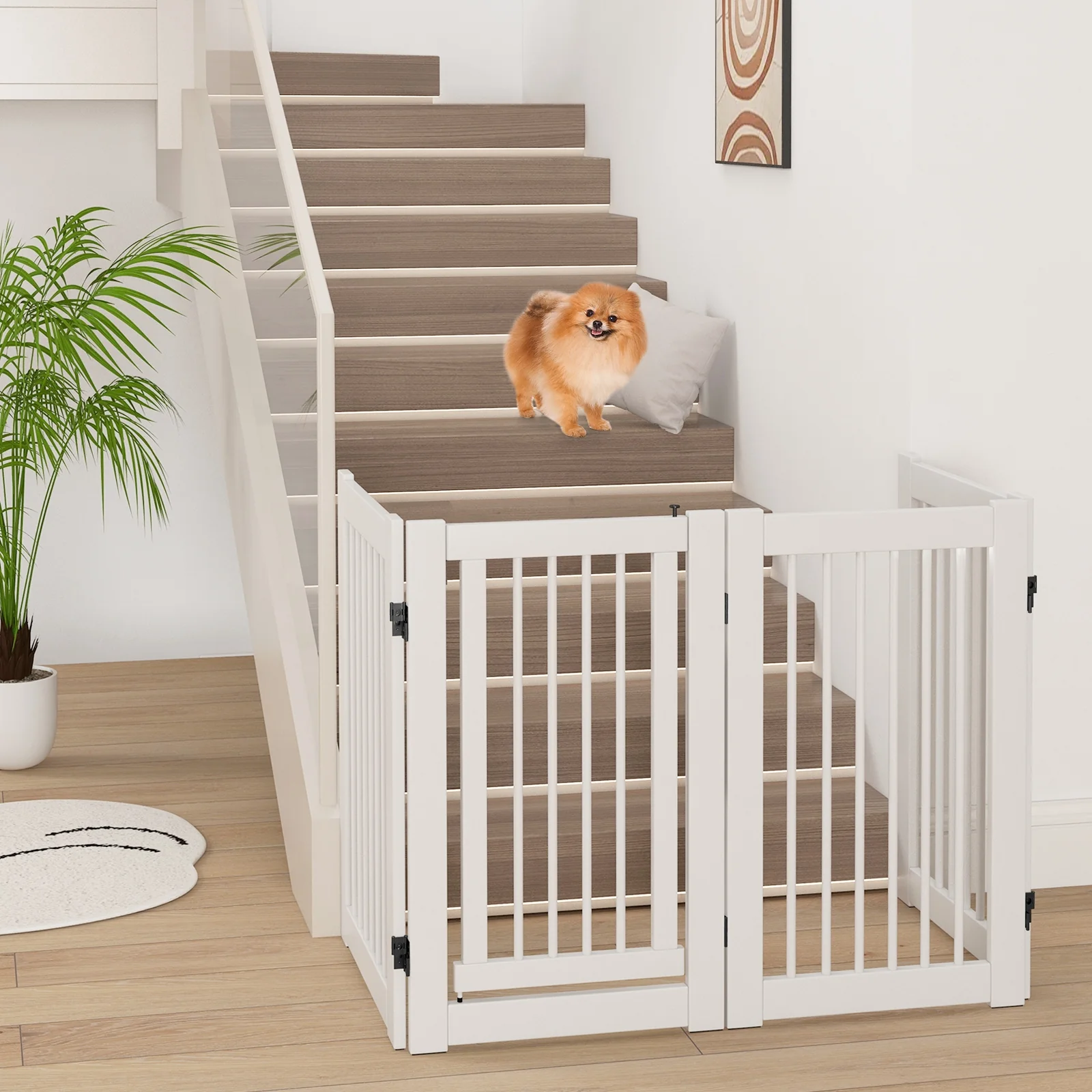 30 Inch Tall 4-Panel Wooden Pet Gate, White - Image 2