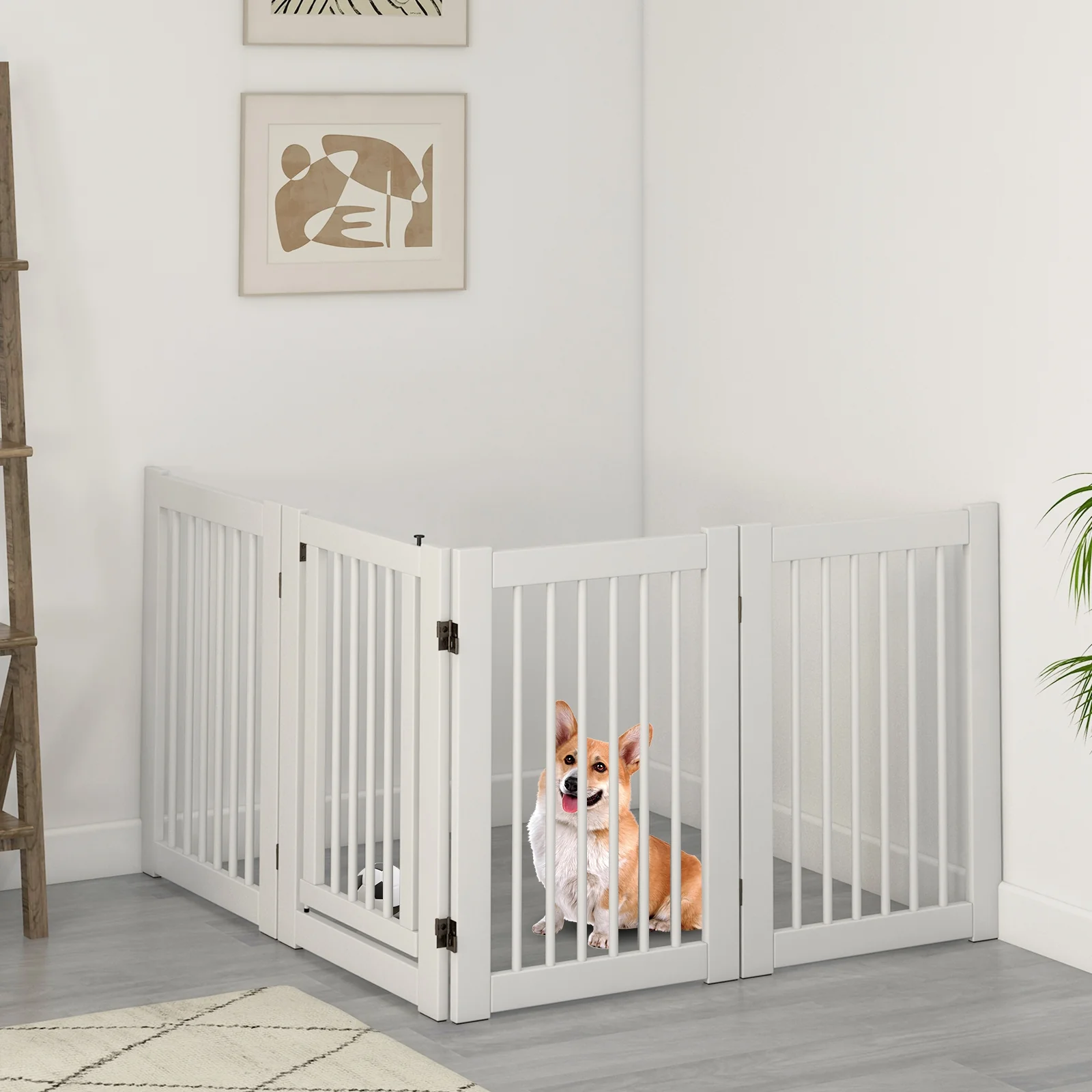 30 Inch Tall 4-Panel Wooden Pet Gate, White - Image 3