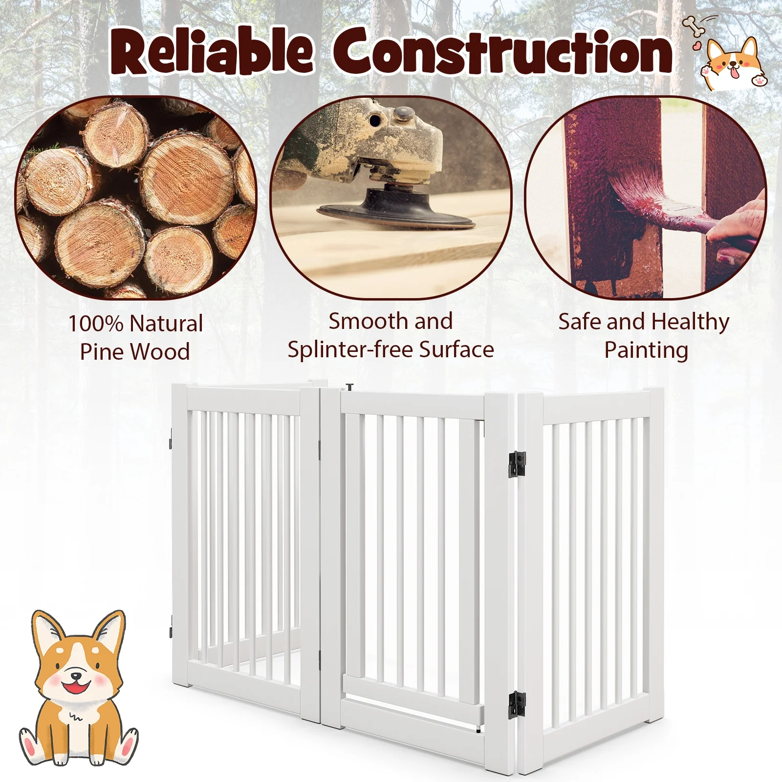 30 Inch Tall 4-Panel Wooden Pet Gate, White - Image 7