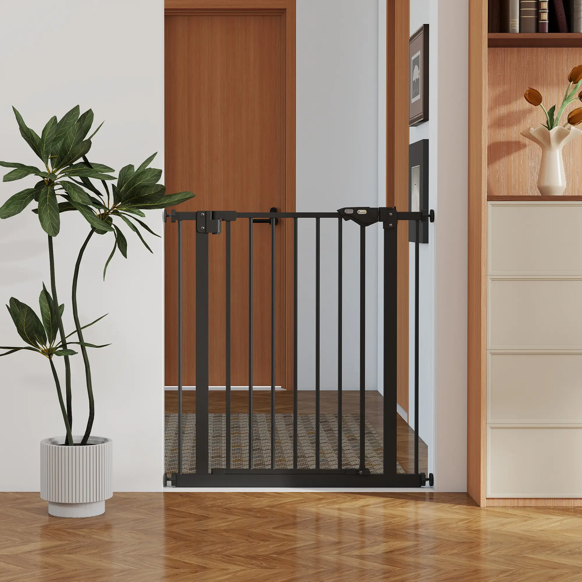 30 Inch Tall Pet Gate With Door, Pressure-Mounted, Black - Image 10