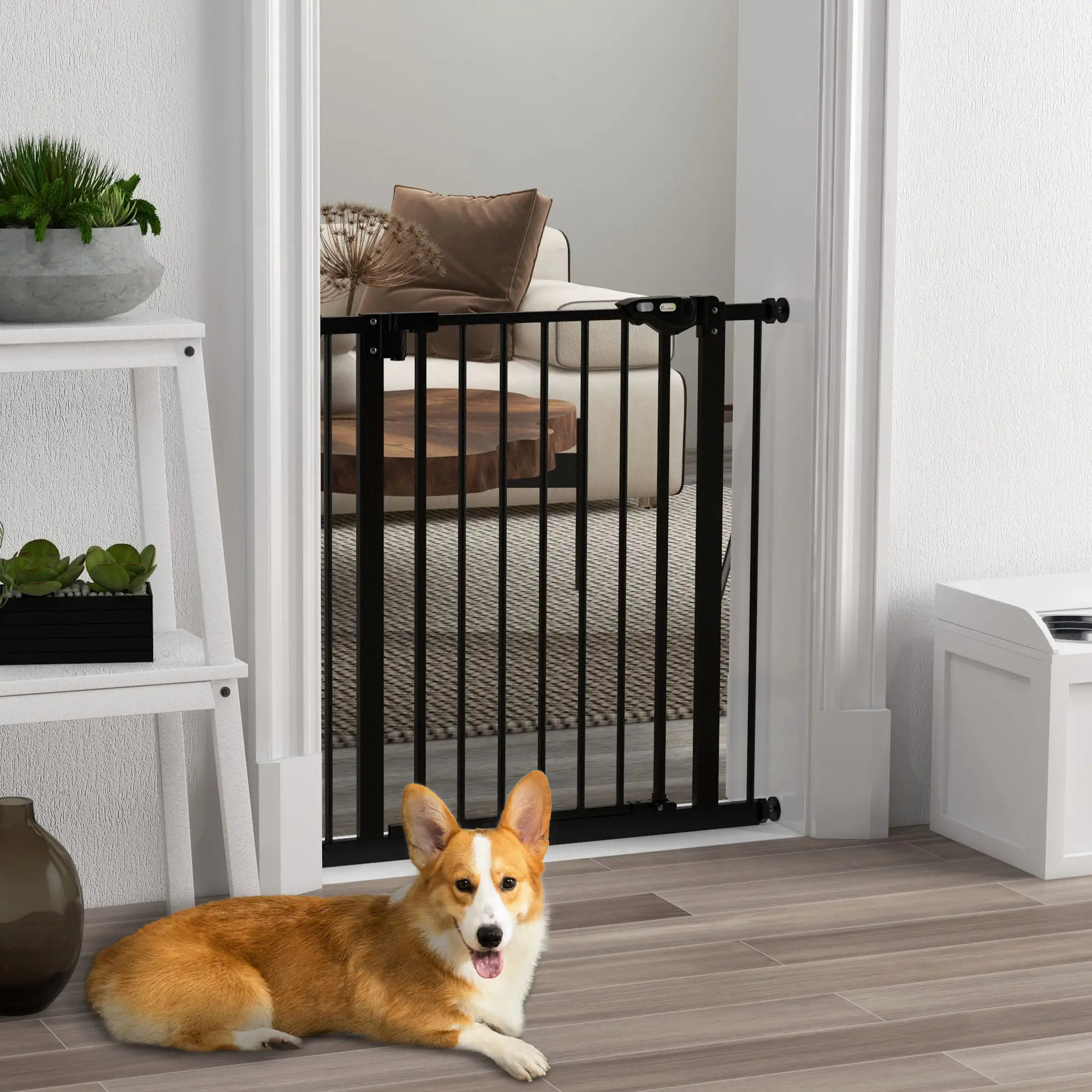 30 Inch Tall Pet Gate With Door, Pressure-Mounted, Black - Image 2