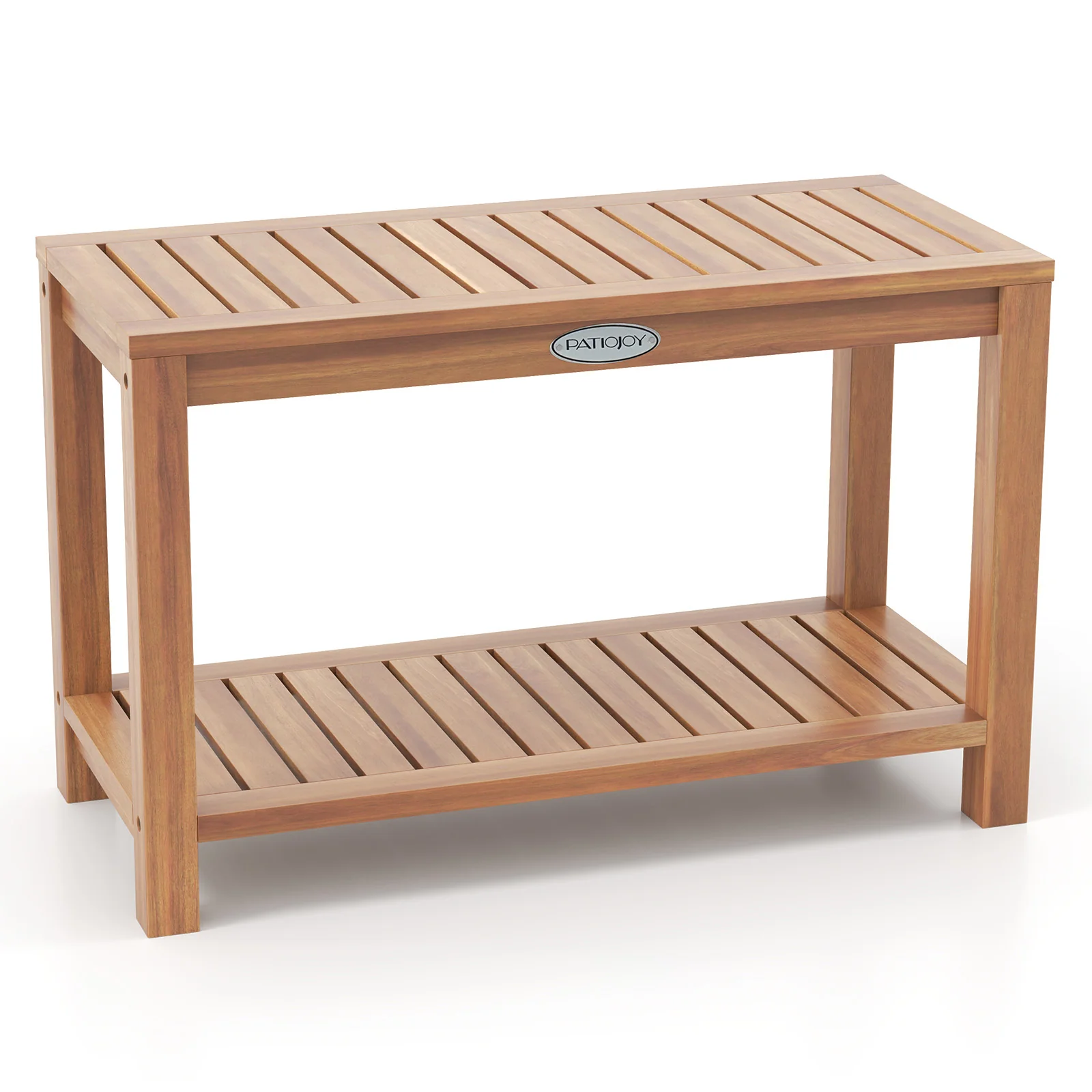 30 Inch Teak Wood Shower Bench, Storage Shelf, Natural