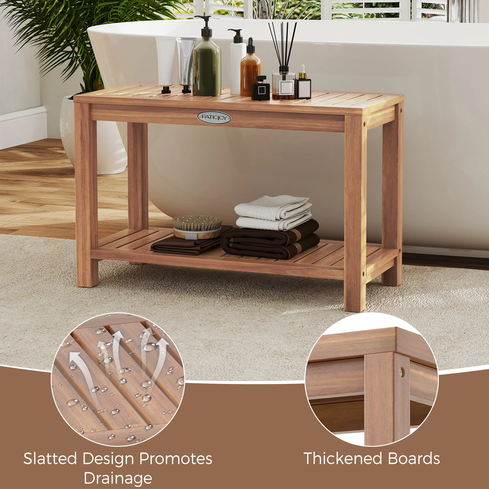 30 Inch Teak Wood Shower Bench, Storage Shelf, Natural - Image 10