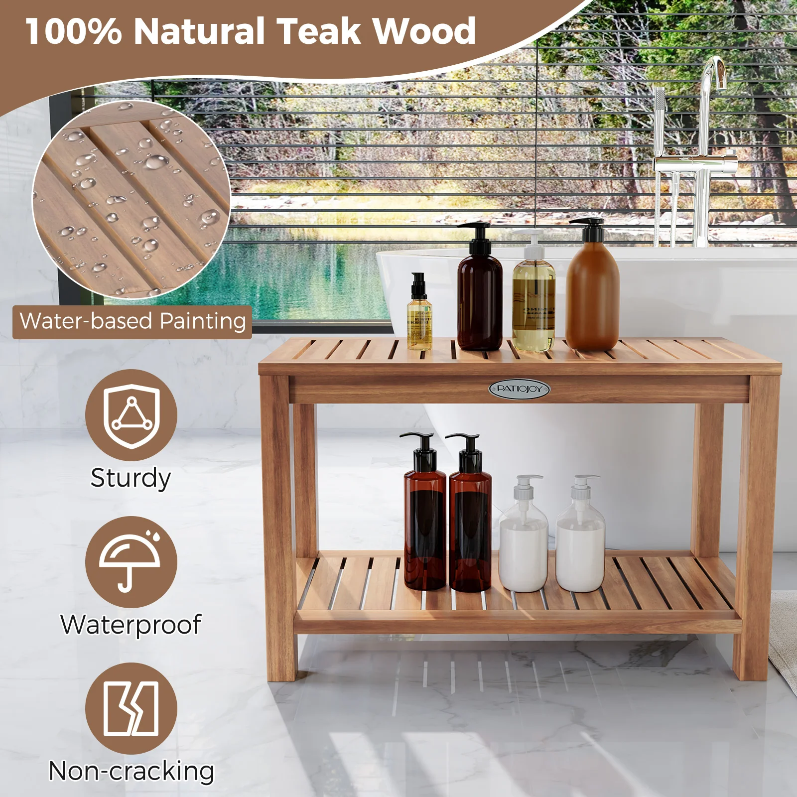 30 Inch Teak Wood Shower Bench, Storage Shelf, Natural - Image 8