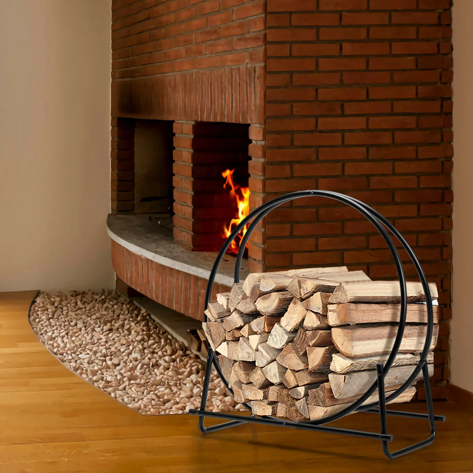 30-Inch Tubular Steel Log Hoop Firewood Storage Rack, Black - Image 2