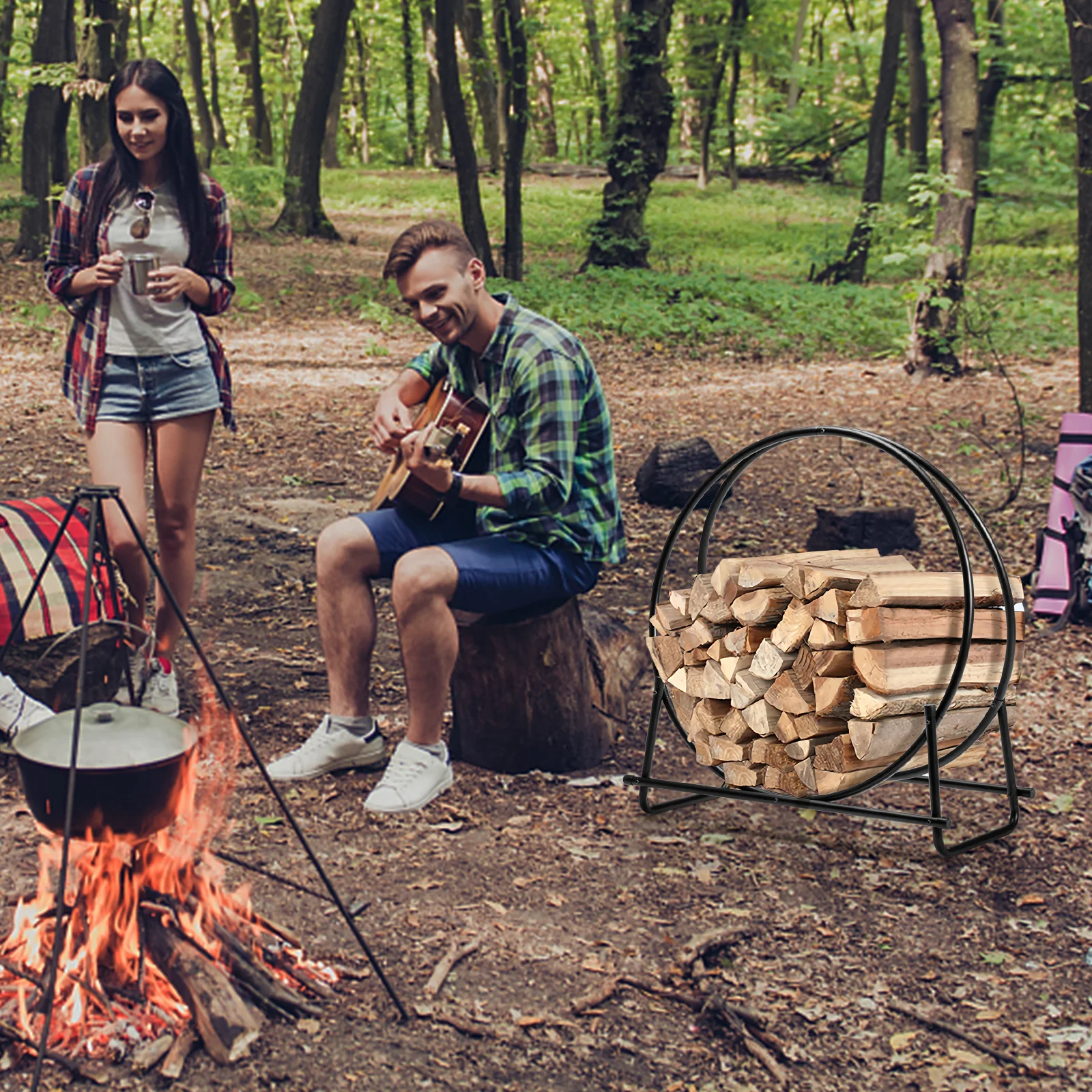 30-Inch Tubular Steel Log Hoop Firewood Storage Rack, Black - Image 3