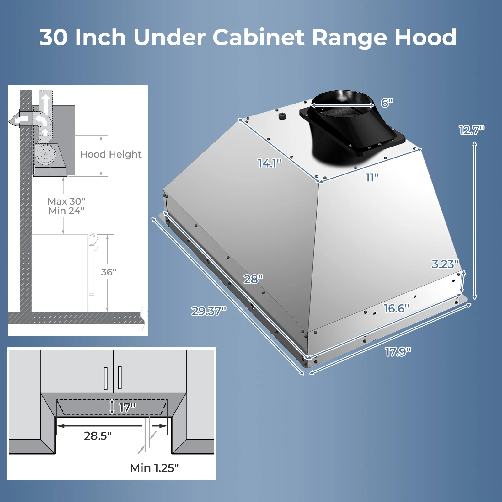 30 Inch Under Cabinet Range Hood with 4 Fan Speeds and Baffles Filters, Silver - Image 4