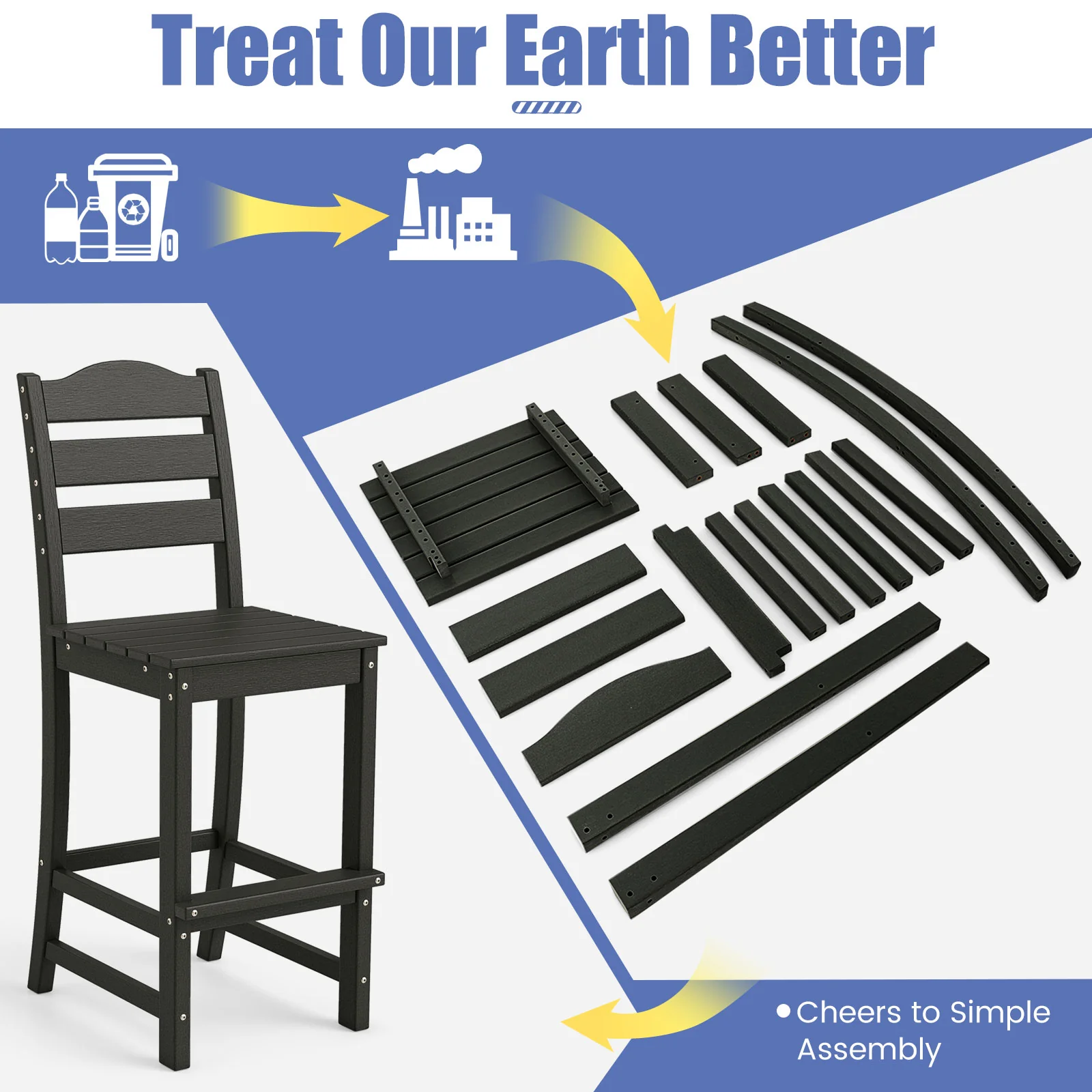 30 Inches HDPE Bar Stool With Backrest, Footrest, Black - Image 10