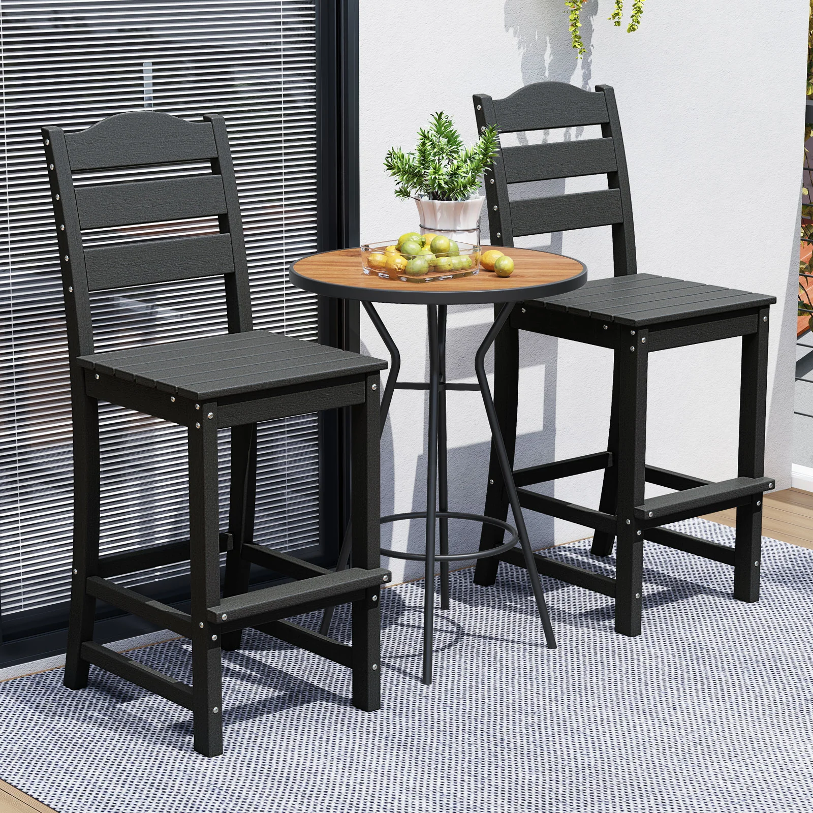 30 Inches HDPE Bar Stool With Backrest, Footrest, Black - Image 2