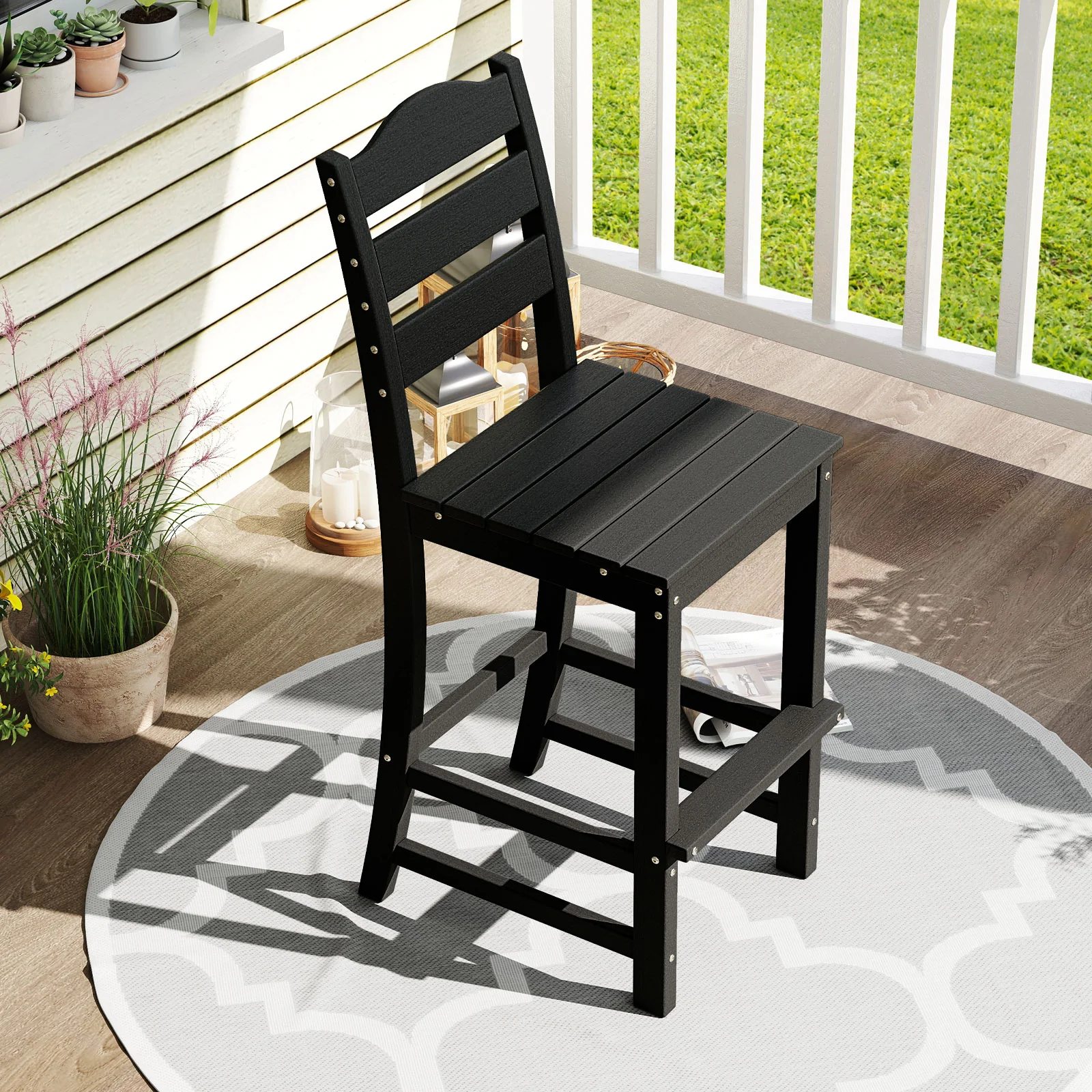 30 Inches HDPE Bar Stool With Backrest, Footrest, Black - Image 3