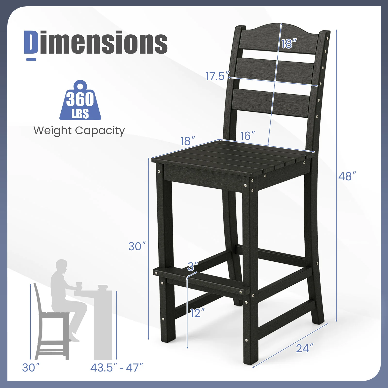 30 Inches HDPE Bar Stool With Backrest, Footrest, Black - Image 6