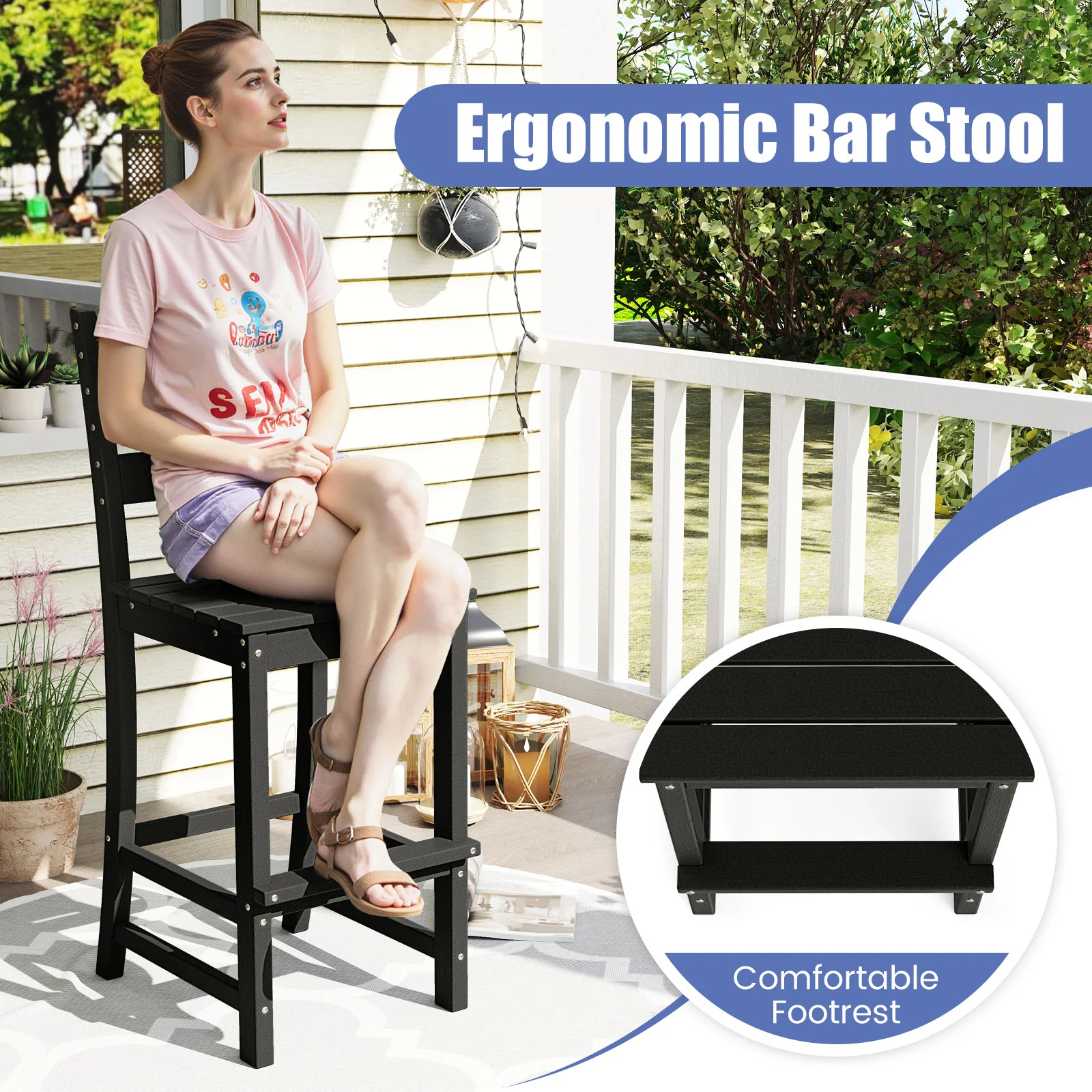 30 Inches HDPE Bar Stool With Backrest, Footrest, Black - Image 8