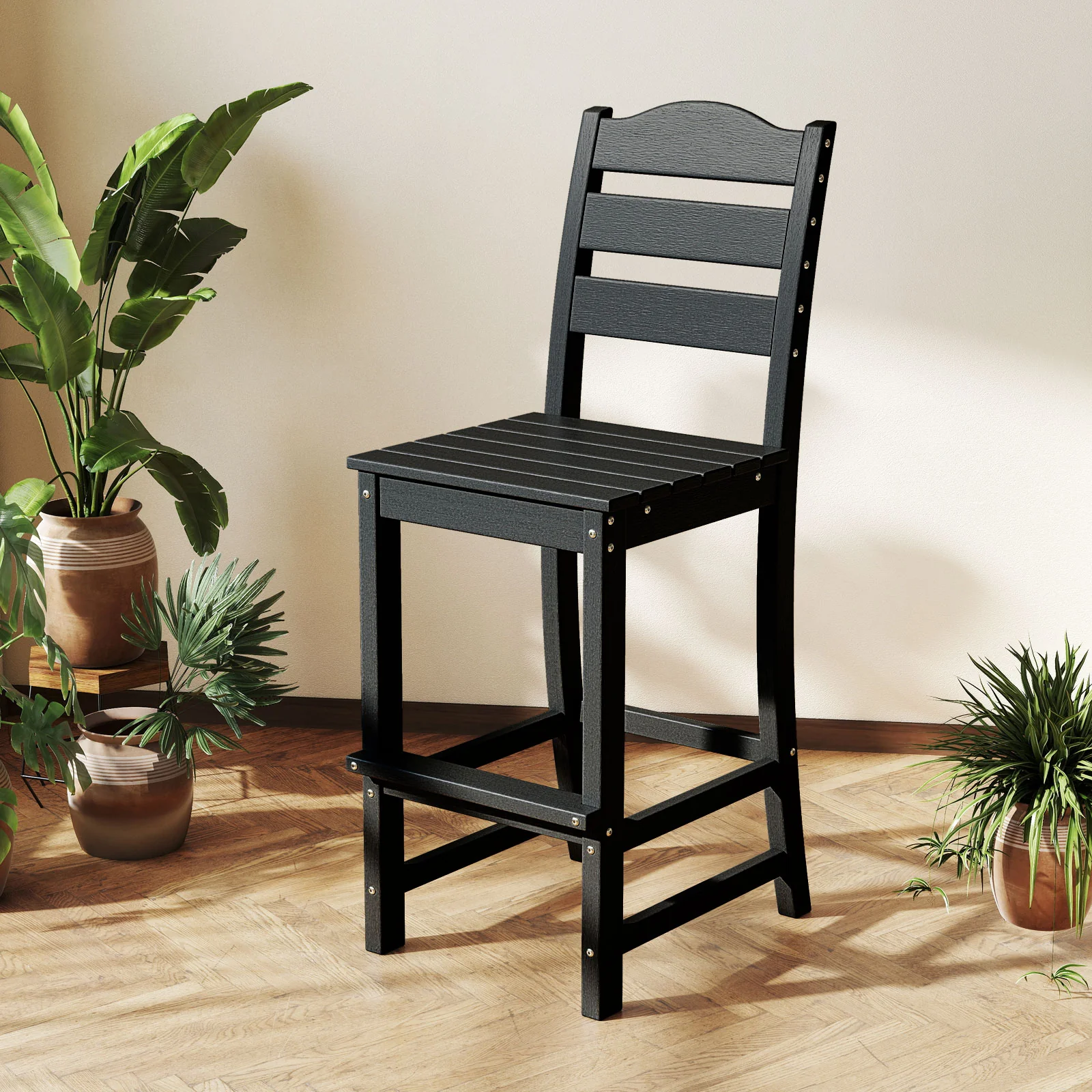 30 Inches HDPE Bar Stool With Backrest, Footrest, Black - Image 9