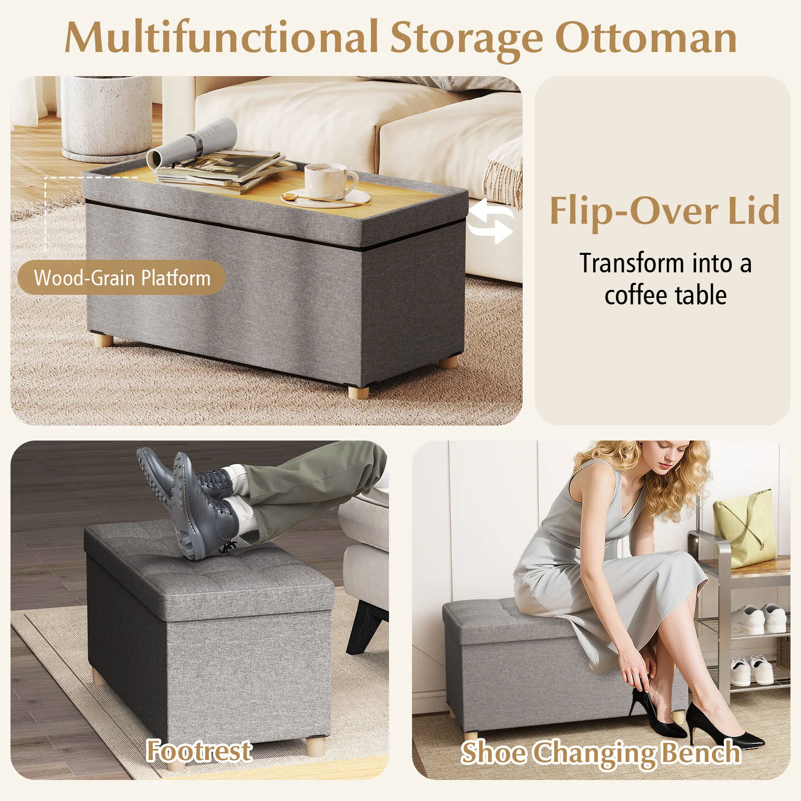 30 Inches Storage Ottoman Bench with Tray and Rubber Wood Legs, Gray - Image 10