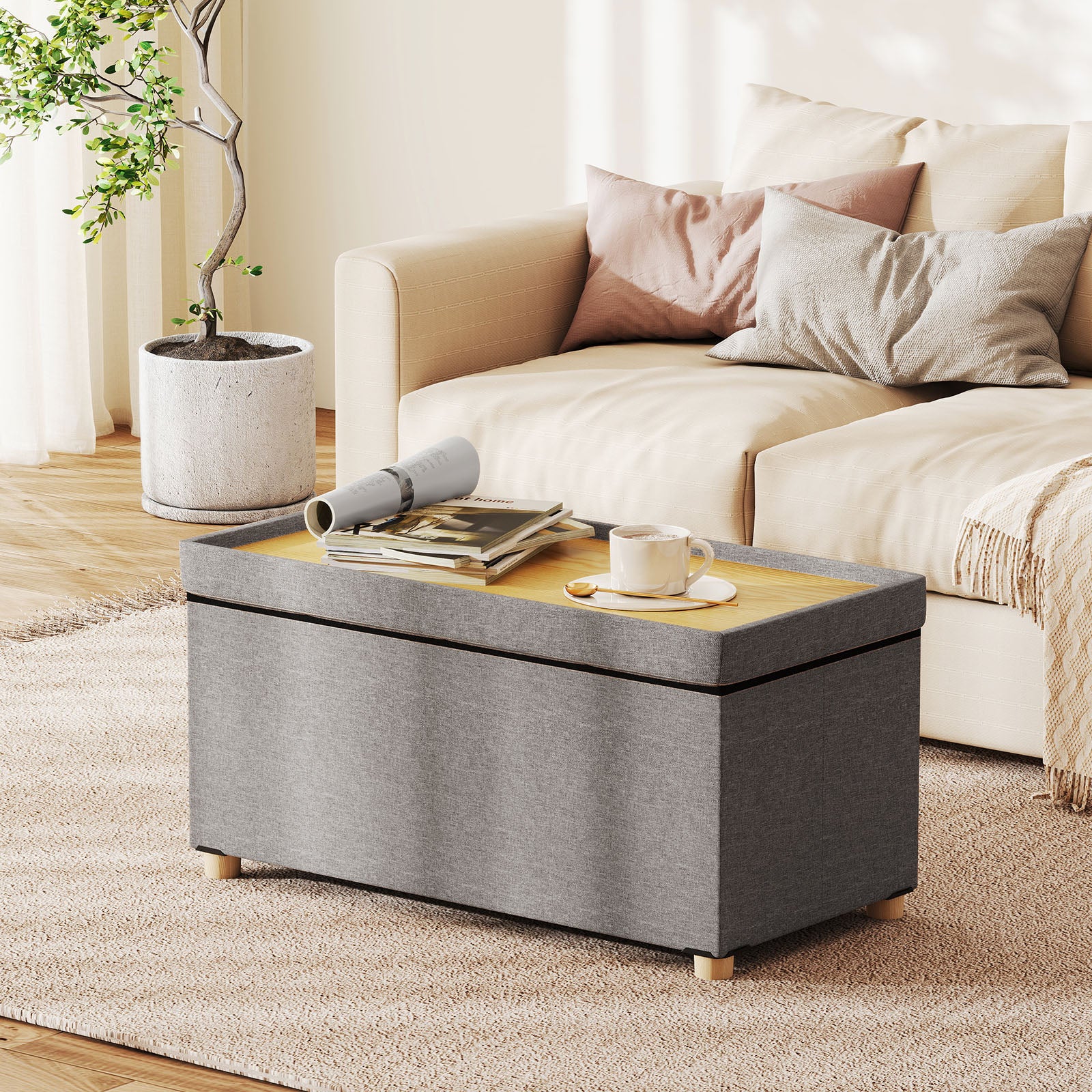 30 Inches Storage Ottoman Bench with Tray and Rubber Wood Legs, Gray - Image 3