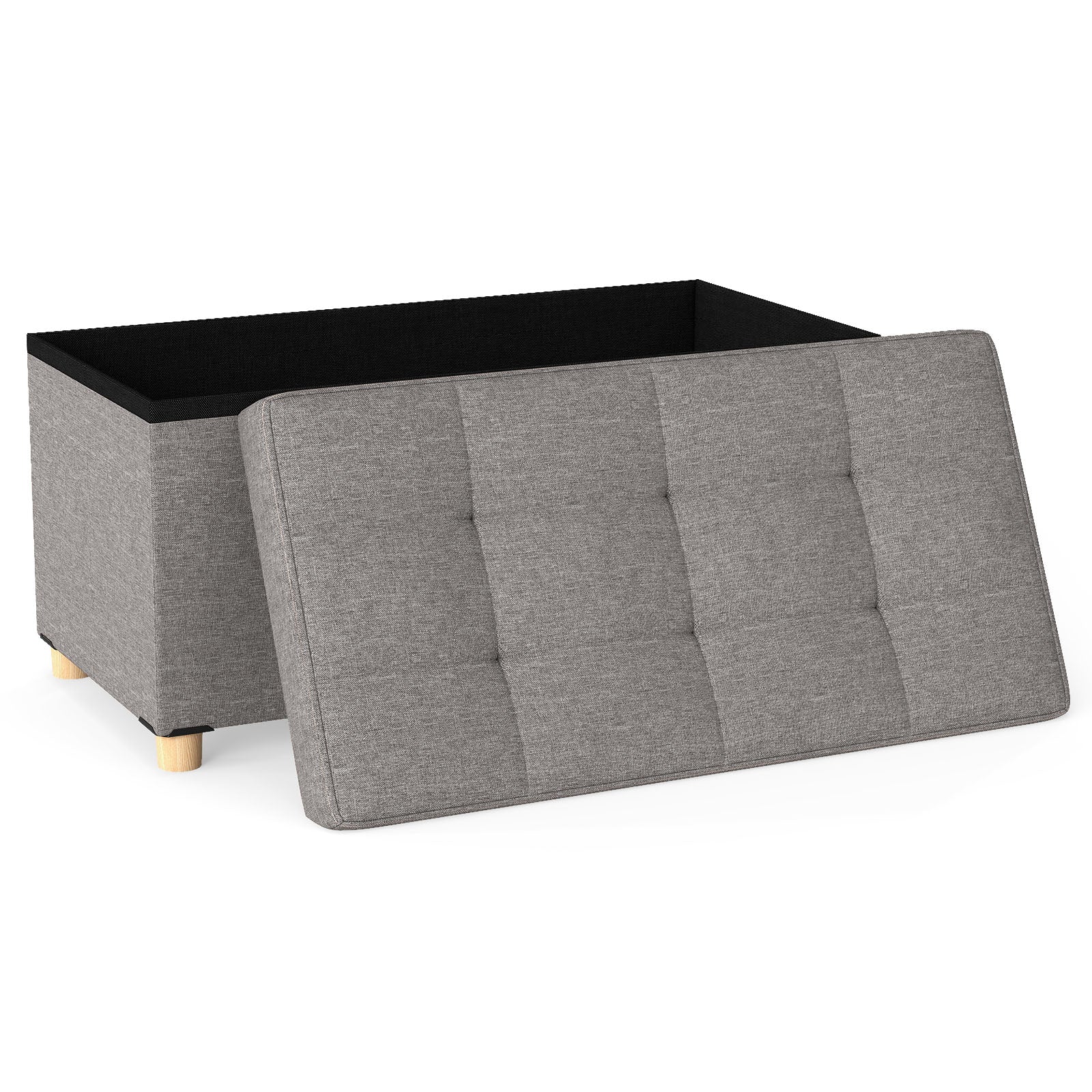 30 Inches Storage Ottoman Bench with Tray and Rubber Wood Legs, Gray - Image 5