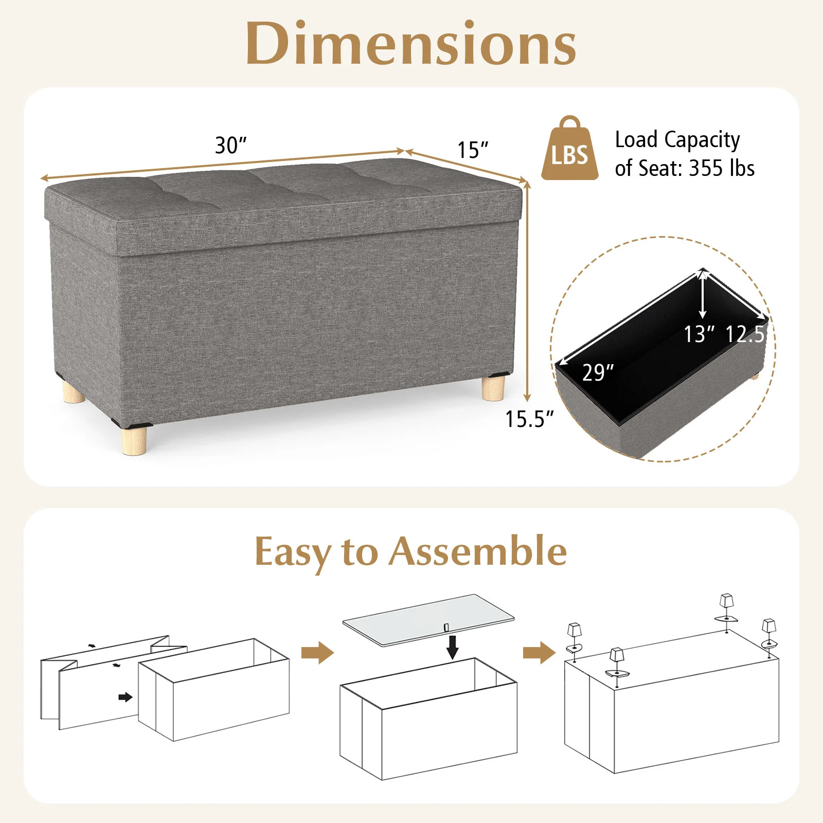 30 Inches Storage Ottoman Bench with Tray and Rubber Wood Legs, Gray - Image 6