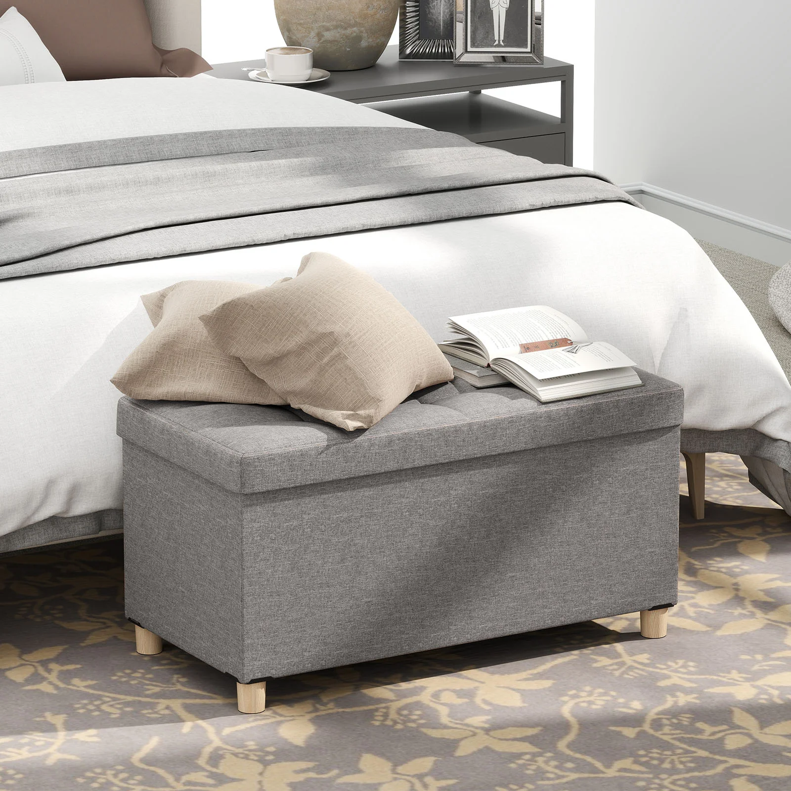 30 Inches Storage Ottoman Bench with Tray and Rubber Wood Legs, Gray - Image 7