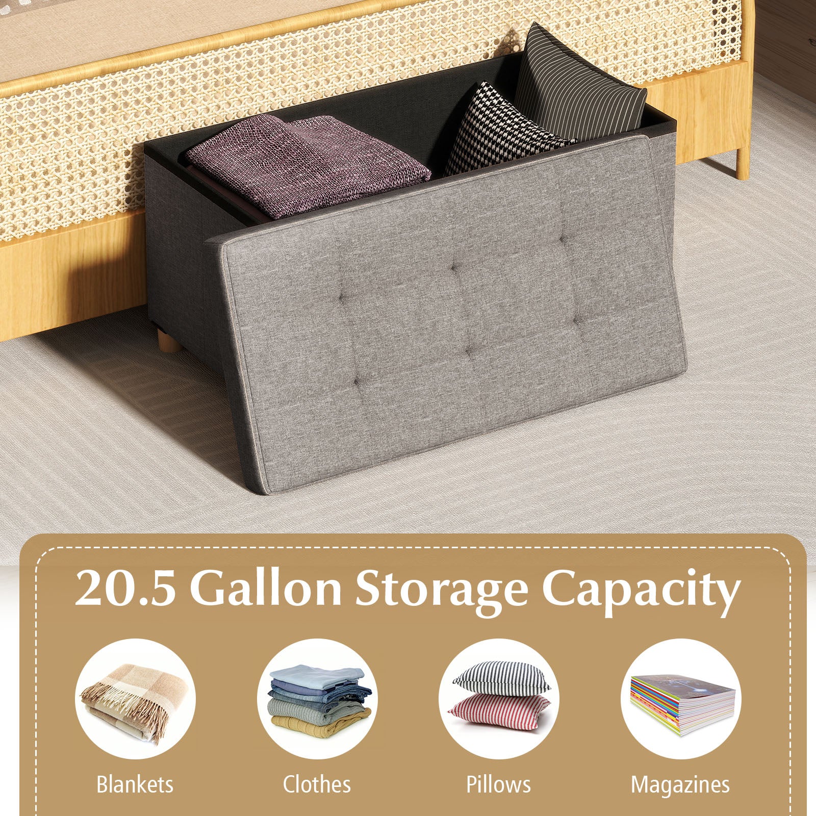 30 Inches Storage Ottoman Bench with Tray and Rubber Wood Legs, Gray - Image 9
