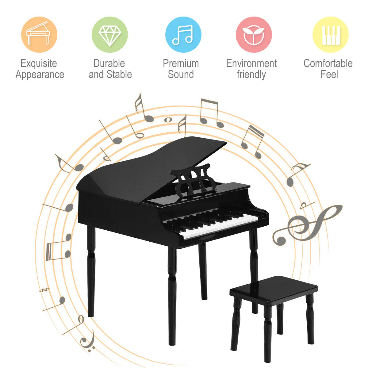 30-Key Wood Toy Kids Grand Piano, With Bench And Music Rack, Black - Image 10