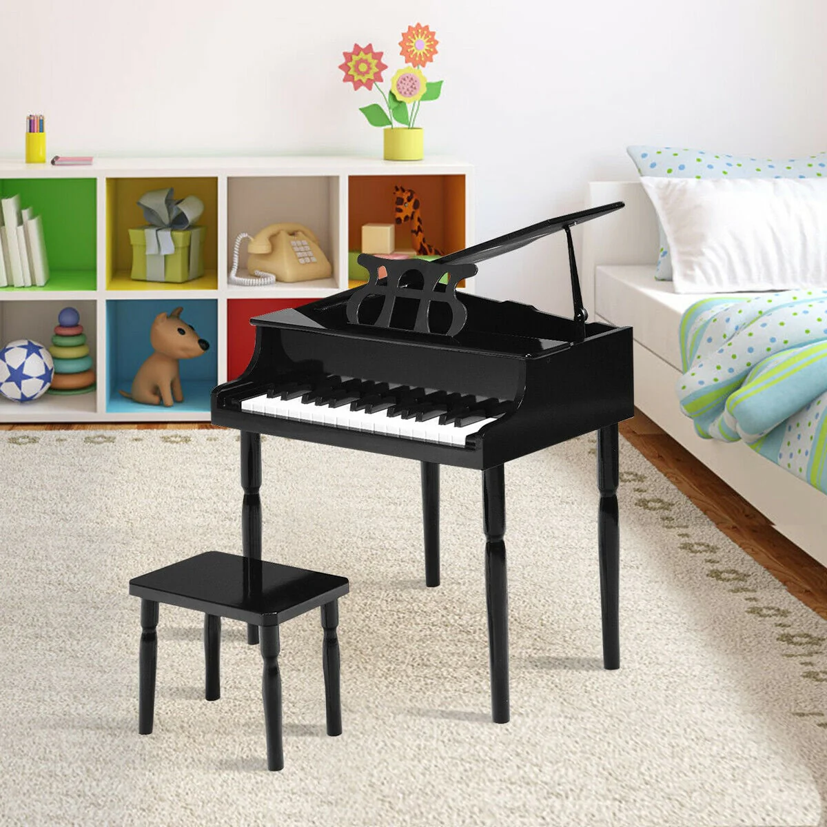 30-Key Wood Toy Kids Grand Piano, With Bench And Music Rack, Black - Image 2