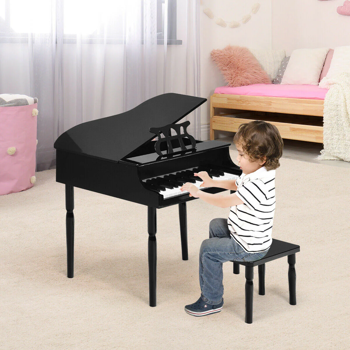 30-Key Wood Toy Kids Grand Piano, With Bench And Music Rack, Black - Image 3