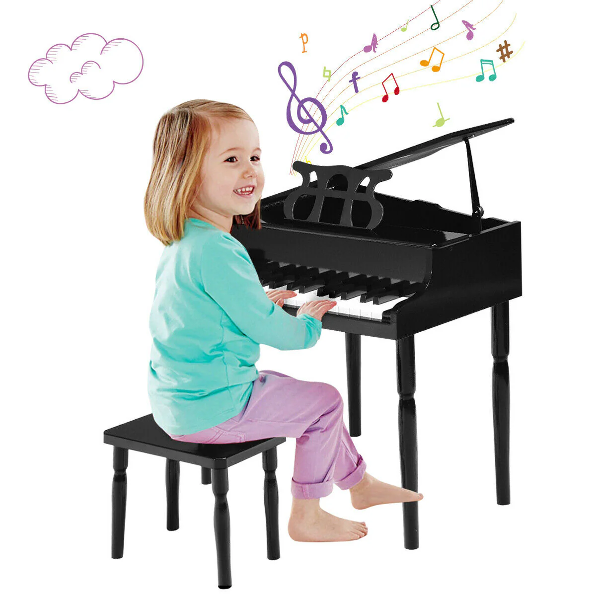 30-Key Wood Toy Kids Grand Piano, With Bench And Music Rack, Black - Image 5