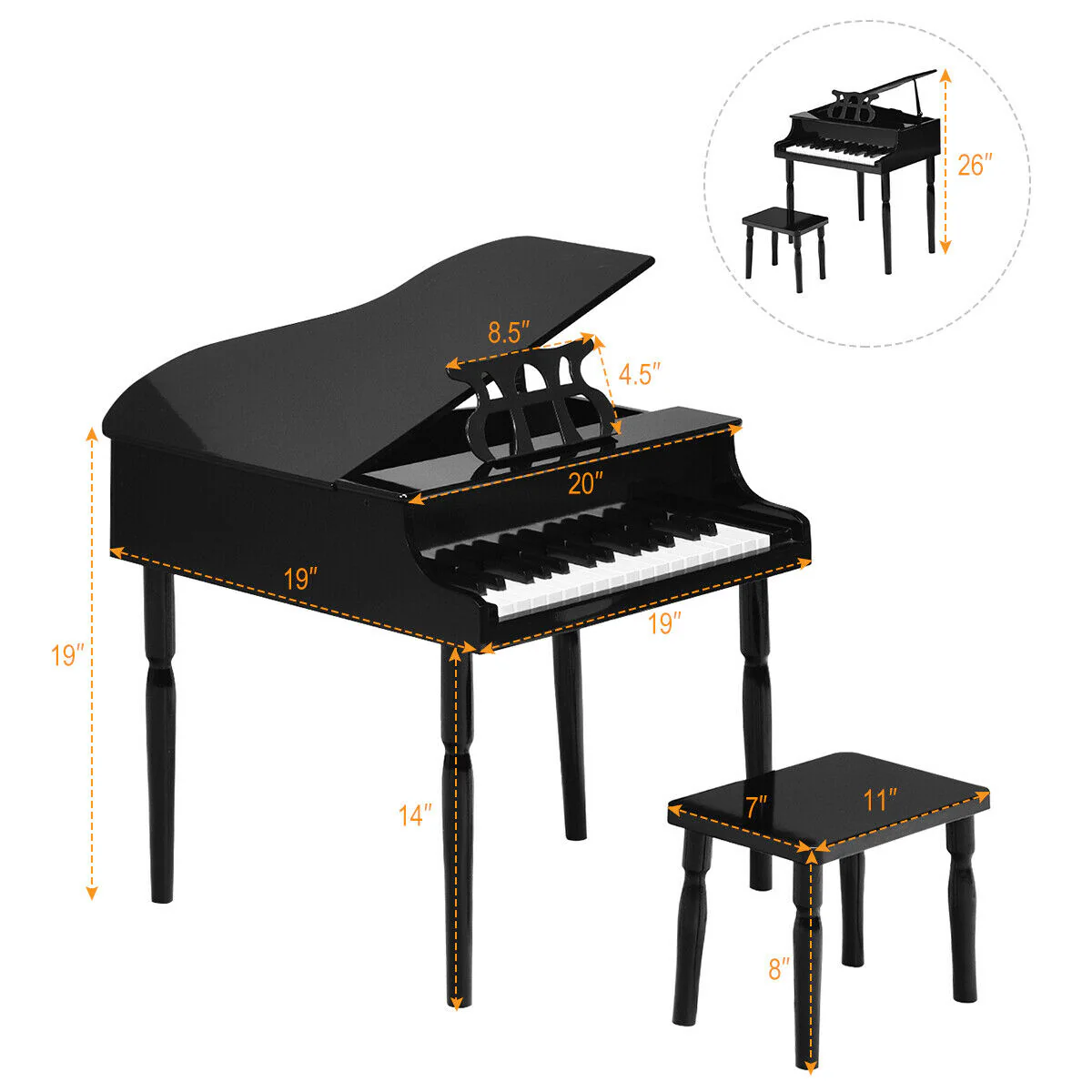 30-Key Wood Toy Kids Grand Piano, With Bench And Music Rack, Black - Image 6