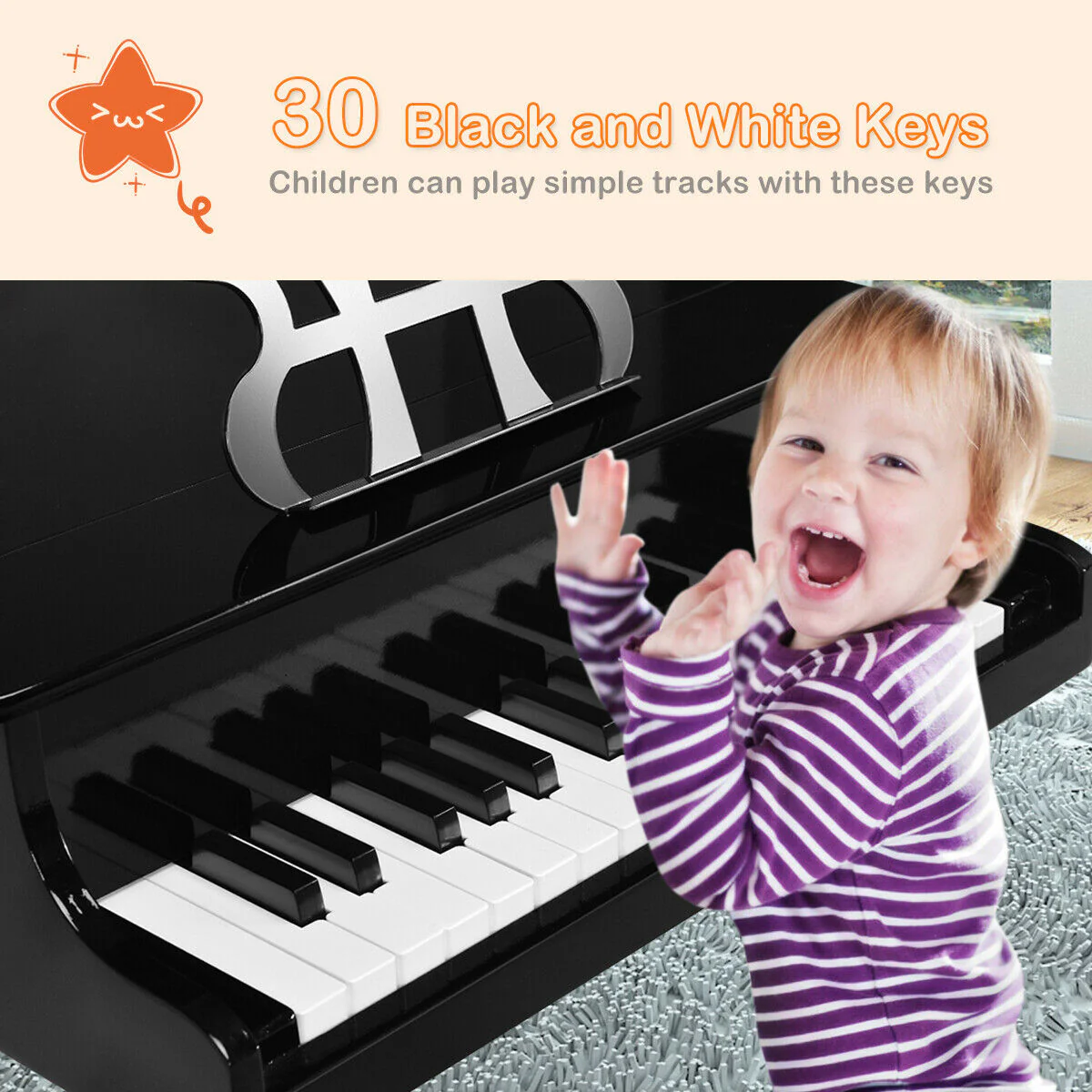 30-Key Wood Toy Kids Grand Piano, With Bench And Music Rack, Black - Image 7