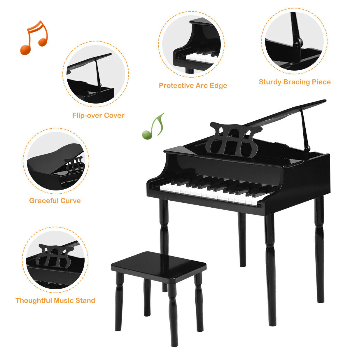 30-Key Wood Toy Kids Grand Piano, With Bench And Music Rack, Black - Image 8