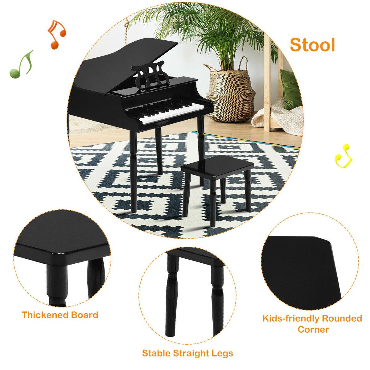 30-Key Wood Toy Kids Grand Piano, With Bench And Music Rack, Black - Image 9