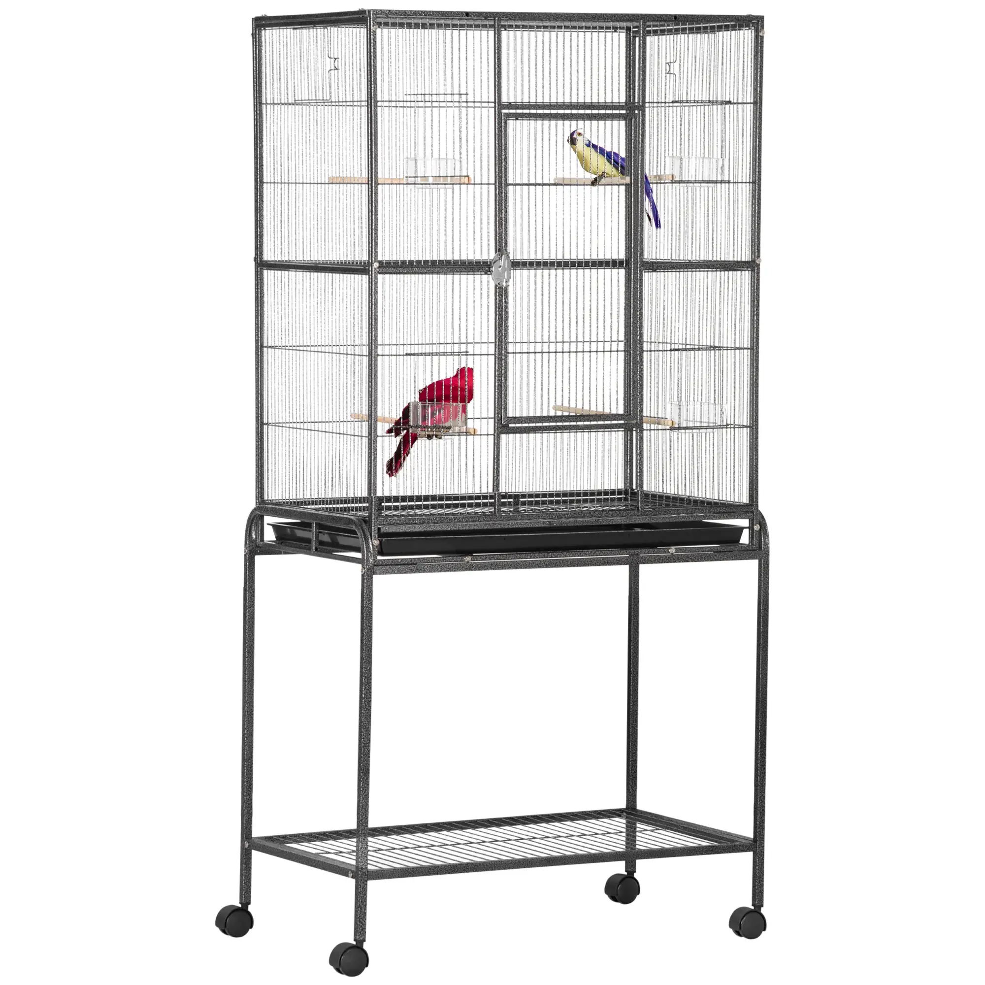 30'' Large Rolling Metal Bird Cage, Detachable Stand, Storage Shelf, Black