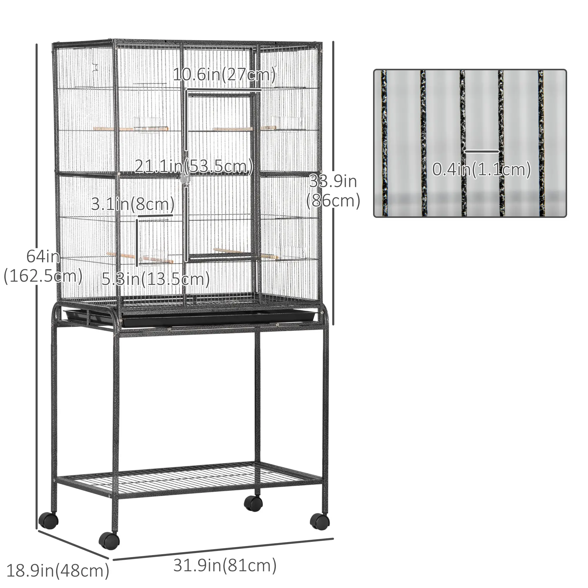 30'' Large Rolling Metal Bird Cage, Detachable Stand, Storage Shelf, Black - Image 3