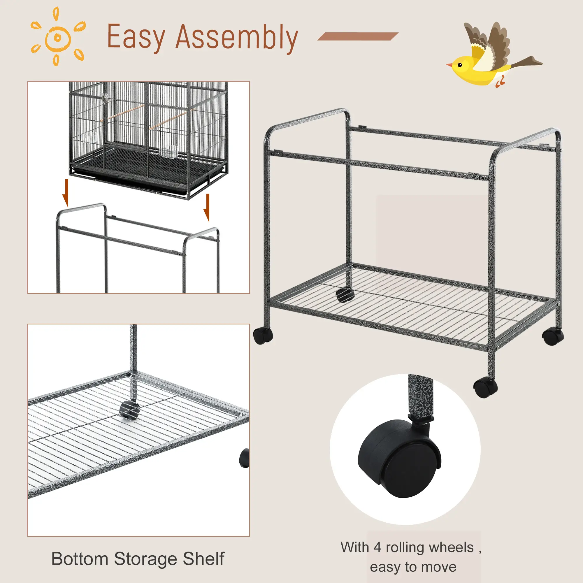 30'' Large Rolling Metal Bird Cage, Detachable Stand, Storage Shelf, Black - Image 4