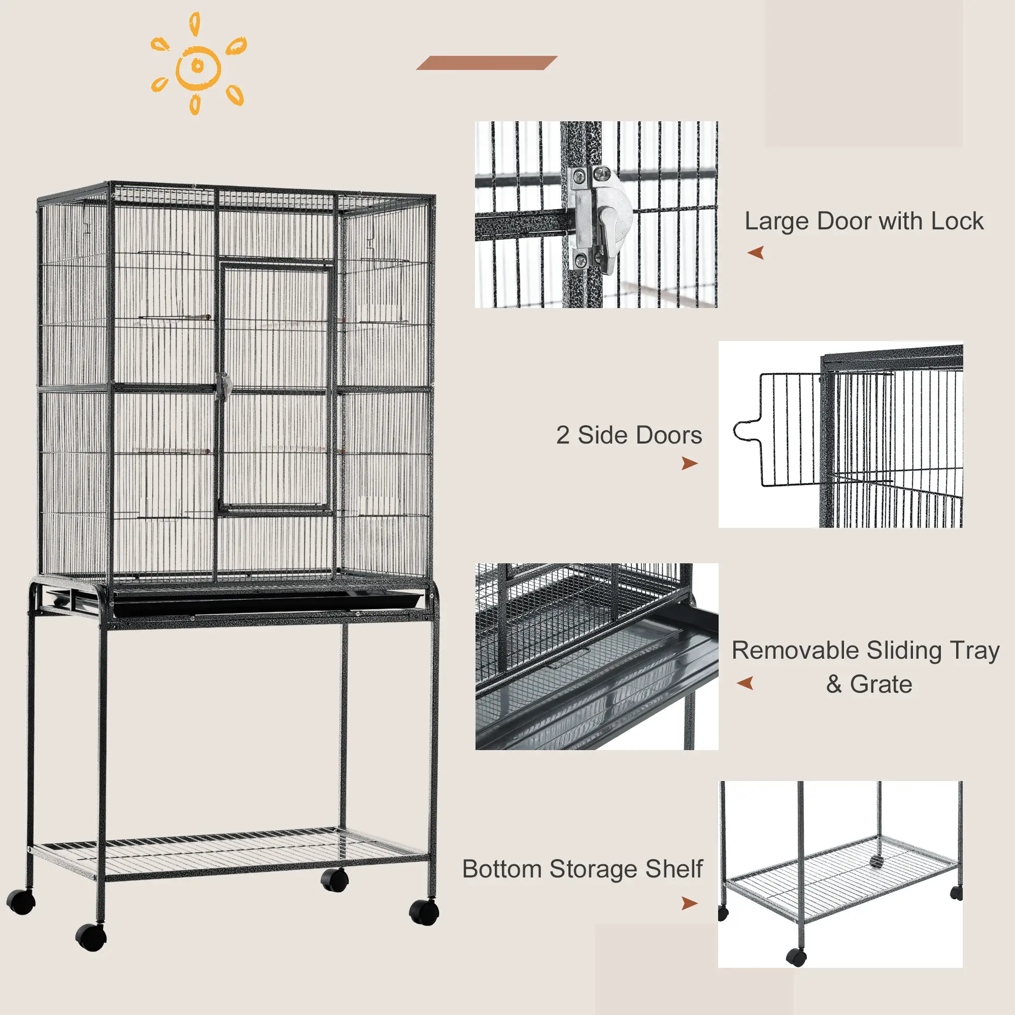 30'' Large Rolling Metal Bird Cage, Detachable Stand, Storage Shelf, Black - Image 6