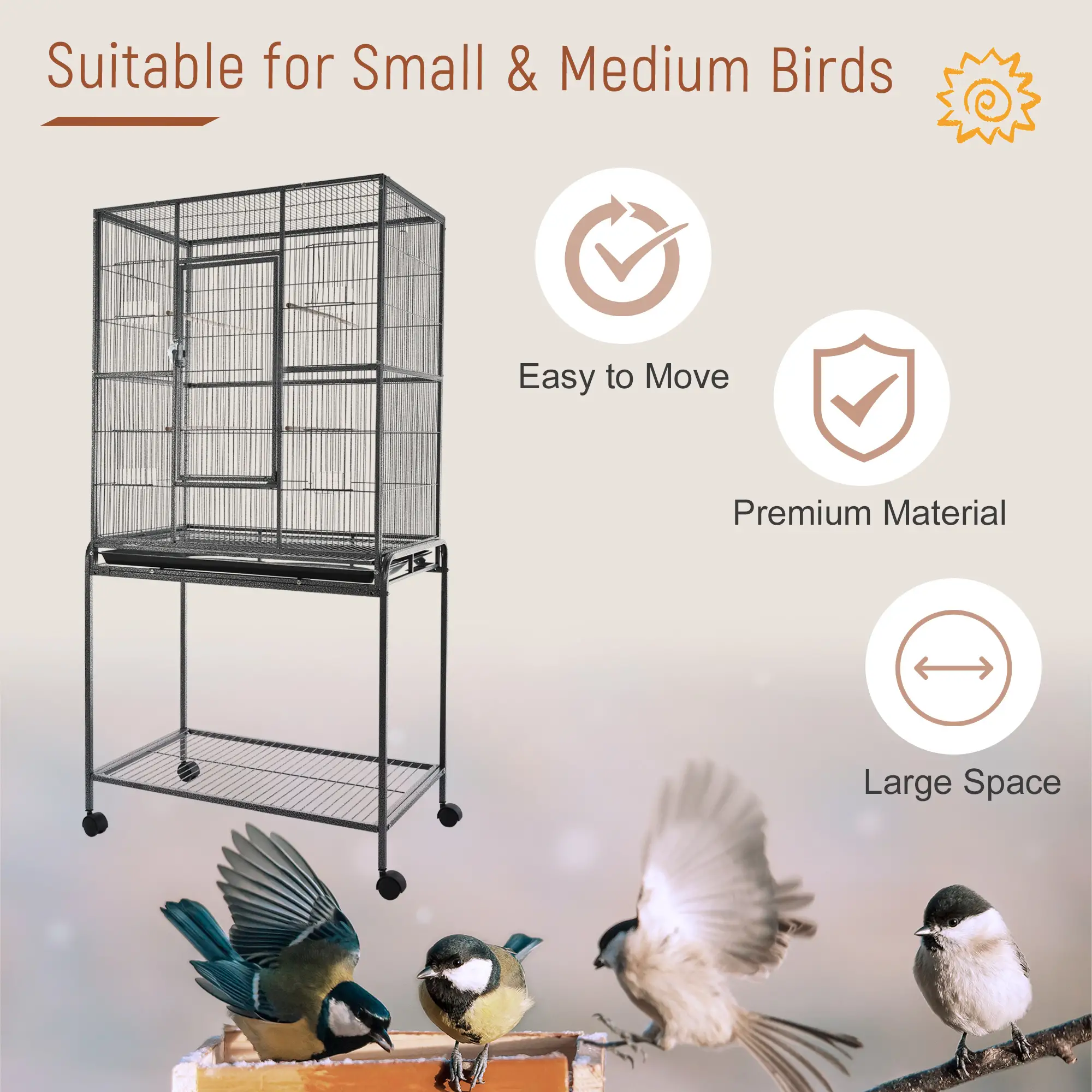 30'' Large Rolling Metal Bird Cage, Detachable Stand, Storage Shelf, Black - Image 7
