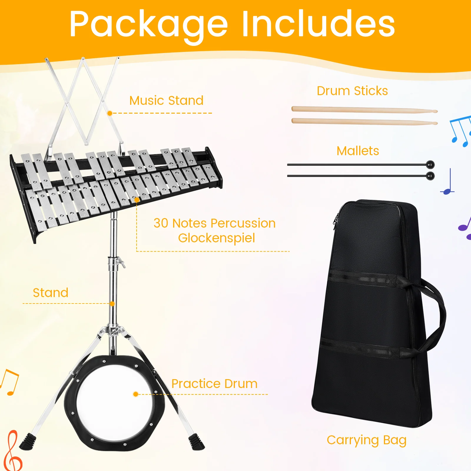 30 Notes Percussion With Practice Pad, Mallets, Sticks, Stand, Black - Image 10