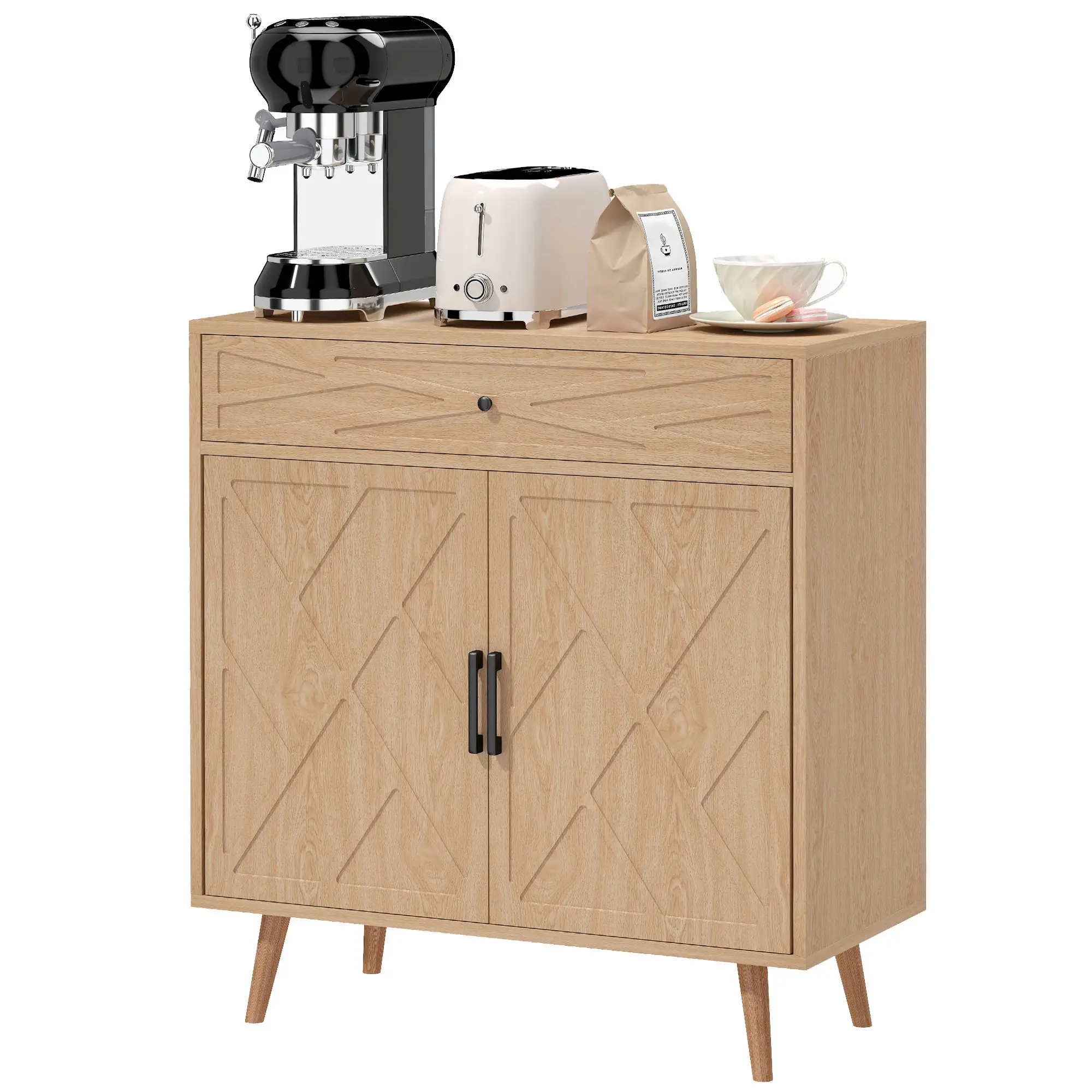 30" Sideboard With Patterned Doors, Oak Buffet Cabinet With Drawer