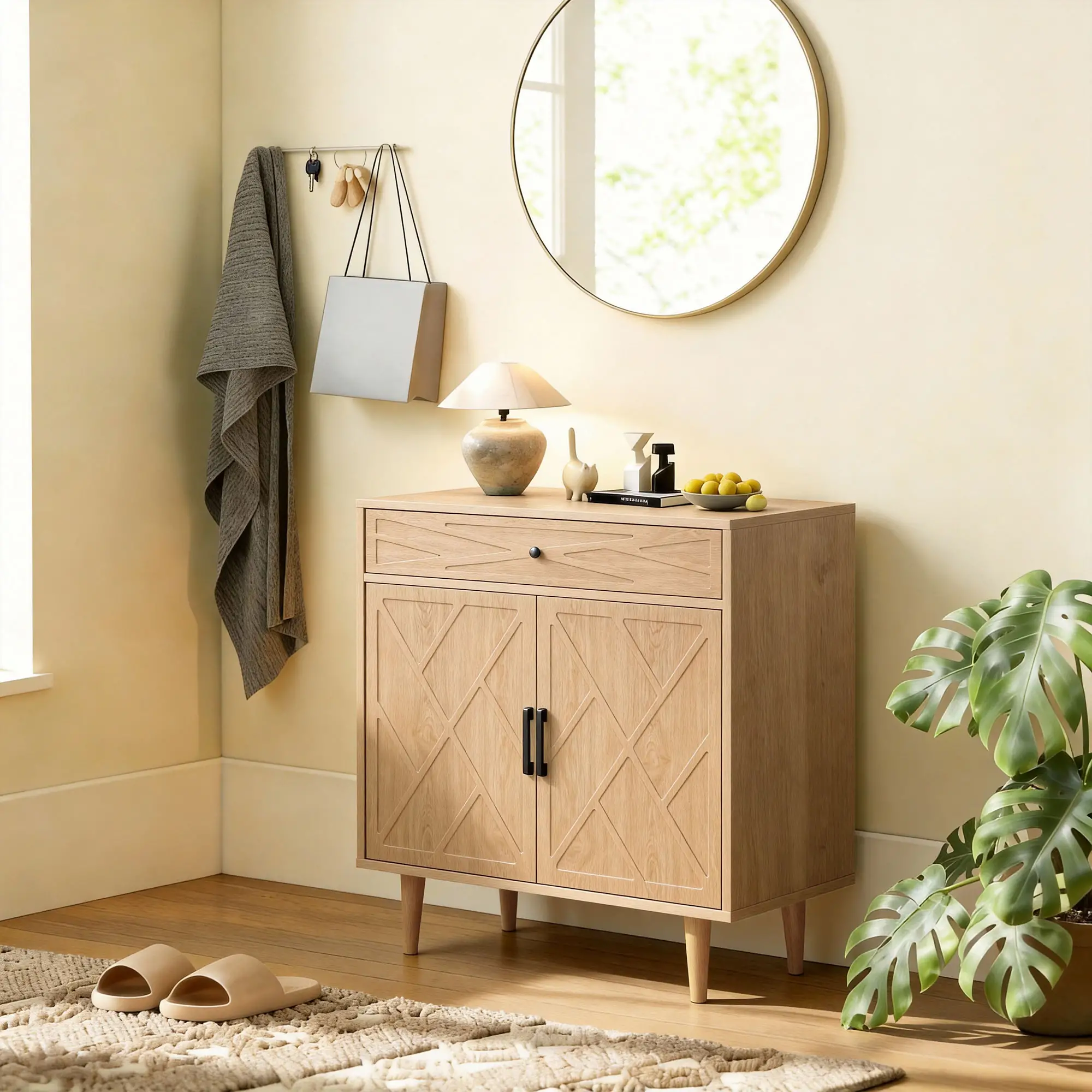 30" Sideboard With Patterned Doors, Oak Buffet Cabinet With Drawer - Image 10
