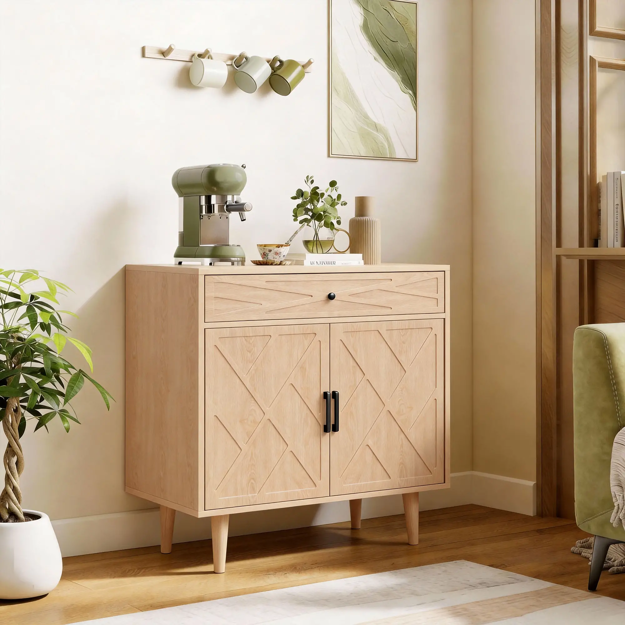 30" Sideboard With Patterned Doors, Oak Buffet Cabinet With Drawer - Image 8