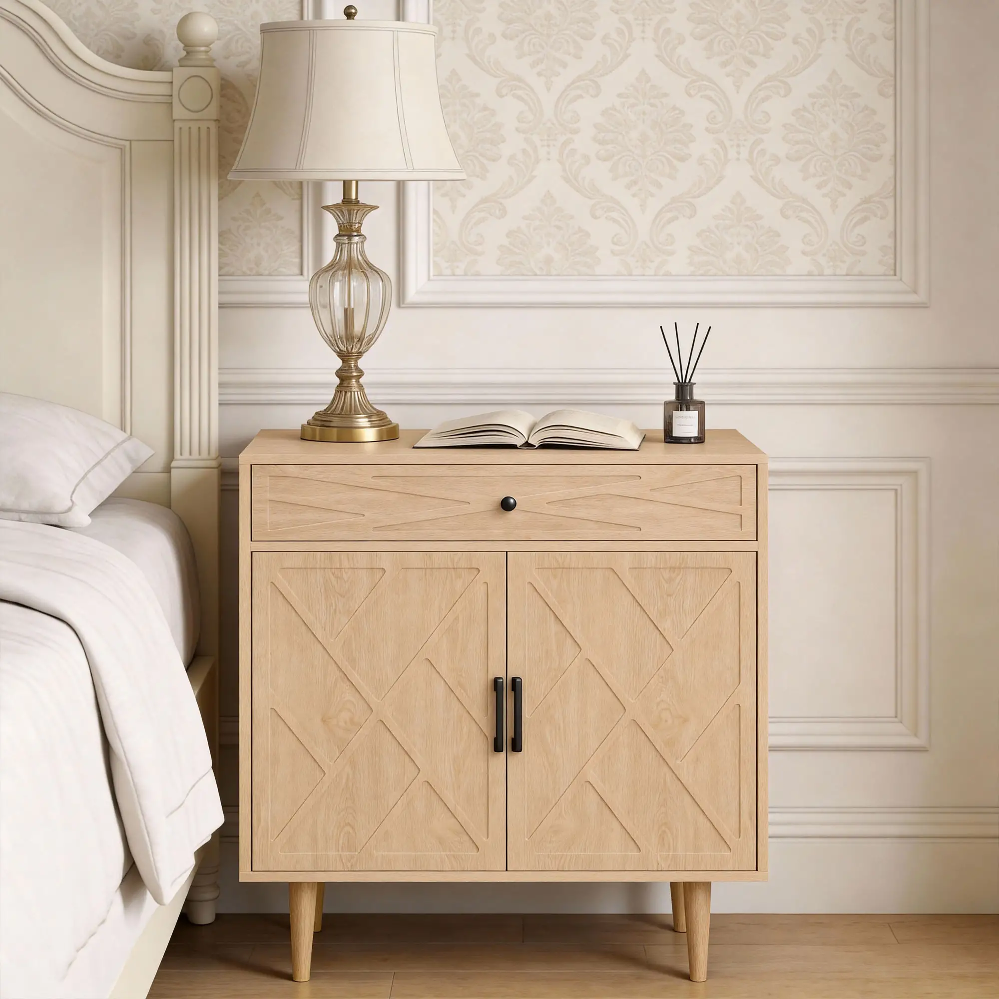 30" Sideboard With Patterned Doors, Oak Buffet Cabinet With Drawer - Image 9