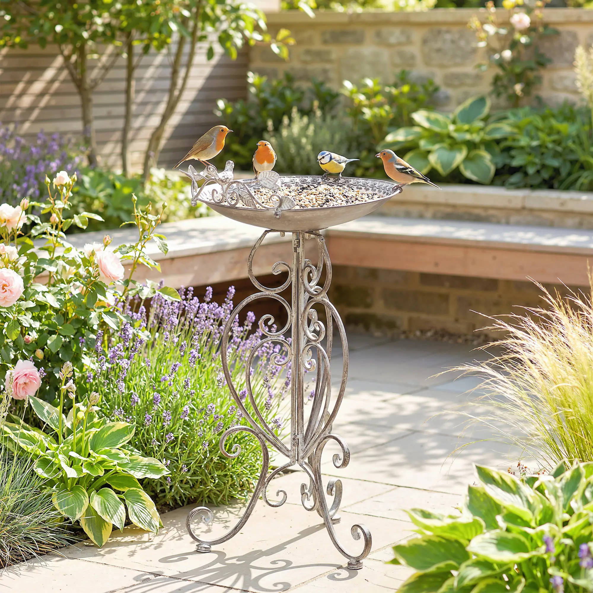 30" Tall Bird Bath With Bird Statues, Vintage Garden Bowl Pedestal, Brown - Image 2