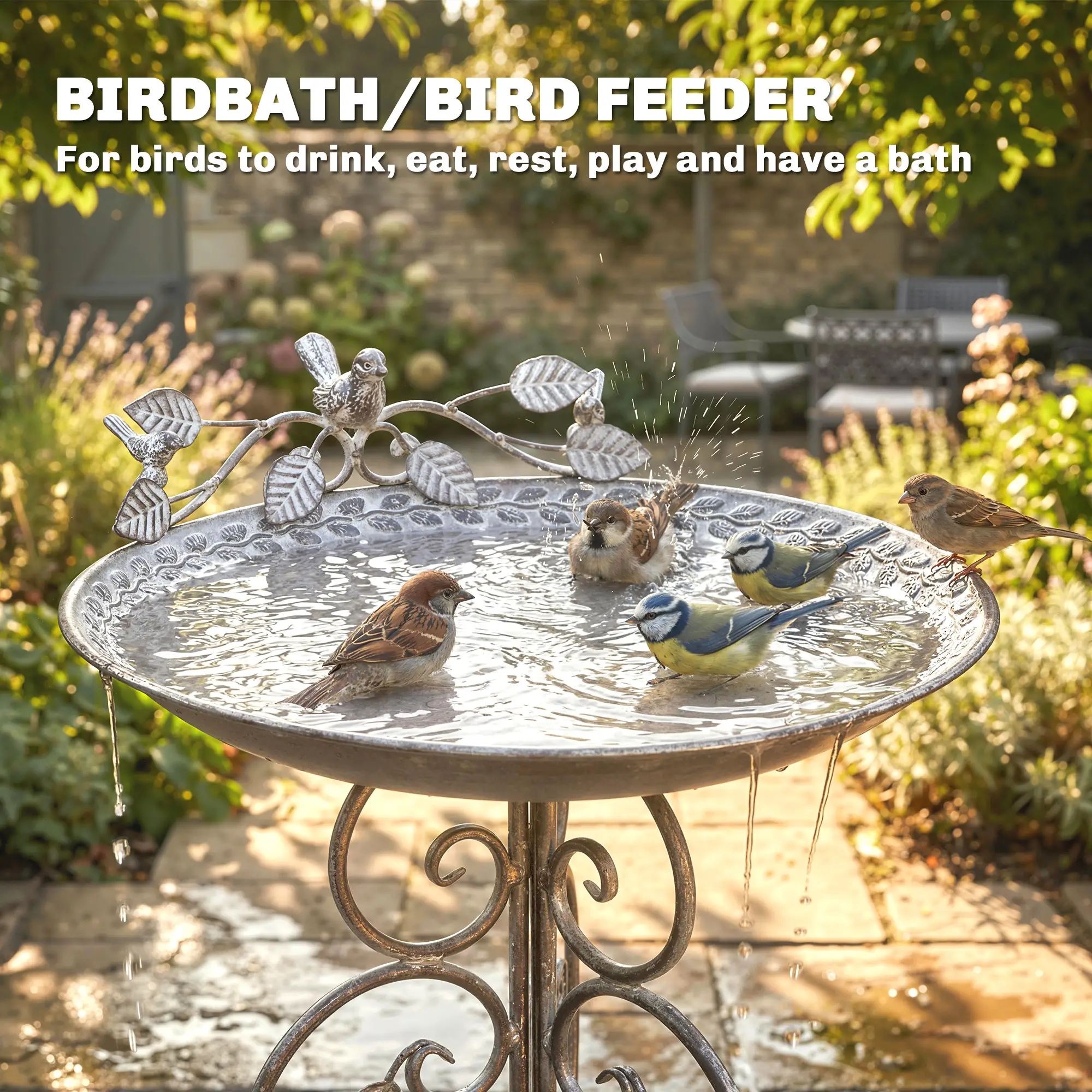 30" Tall Bird Bath With Bird Statues, Vintage Garden Bowl Pedestal, Brown - Image 4