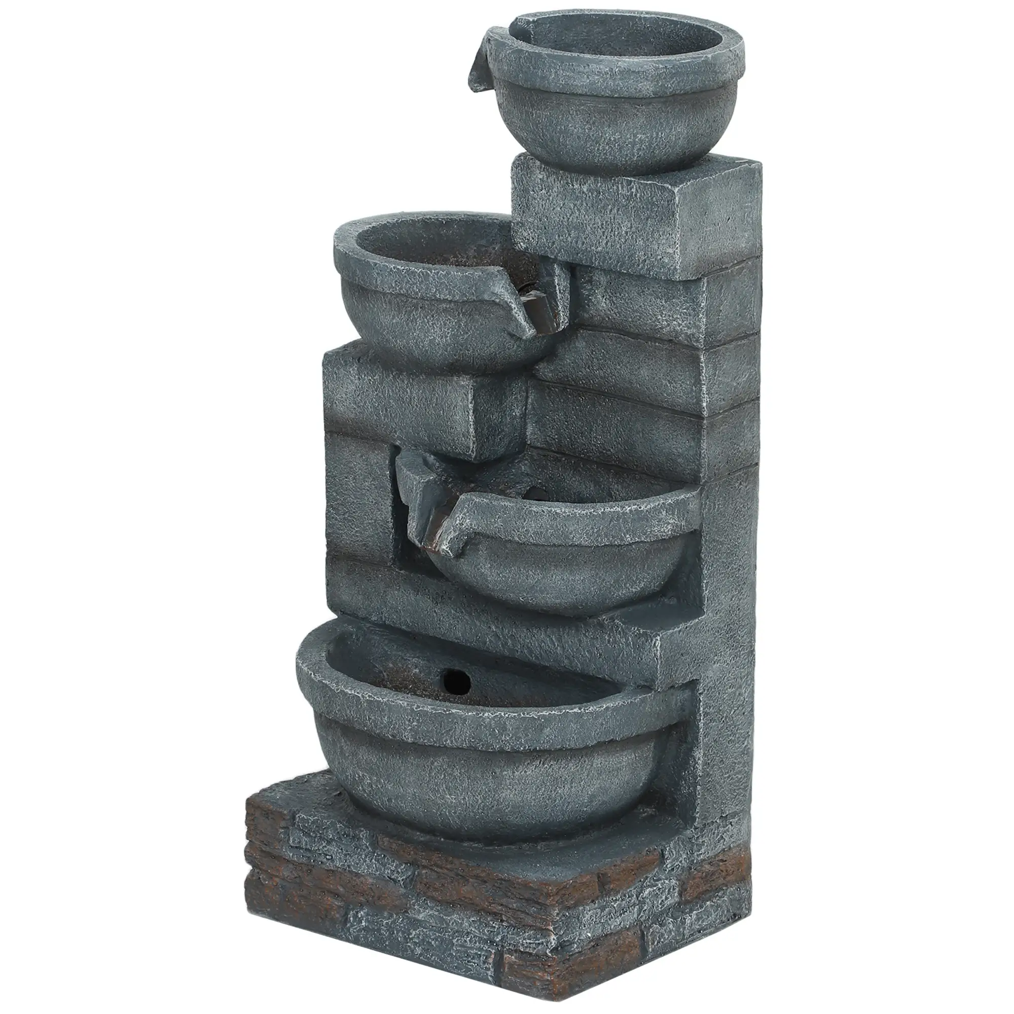 30" Tall Outdoor Water Fountain, LED Lights, 4-Tier Resin Bowls, Grey